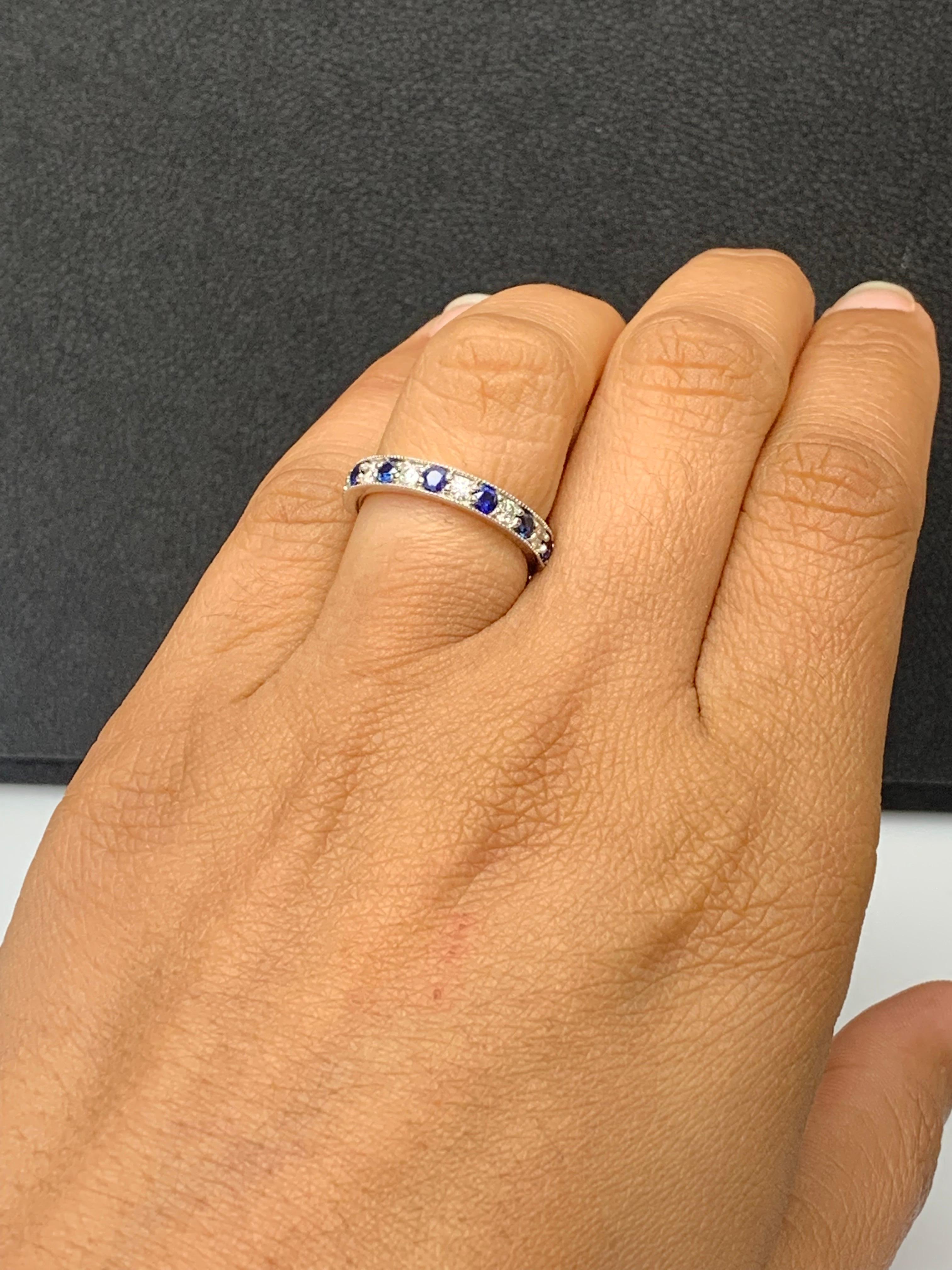 0.65 Carat Brilliant Cut Blue Sapphire and Diamond Band in 14K White Gold For Sale 3