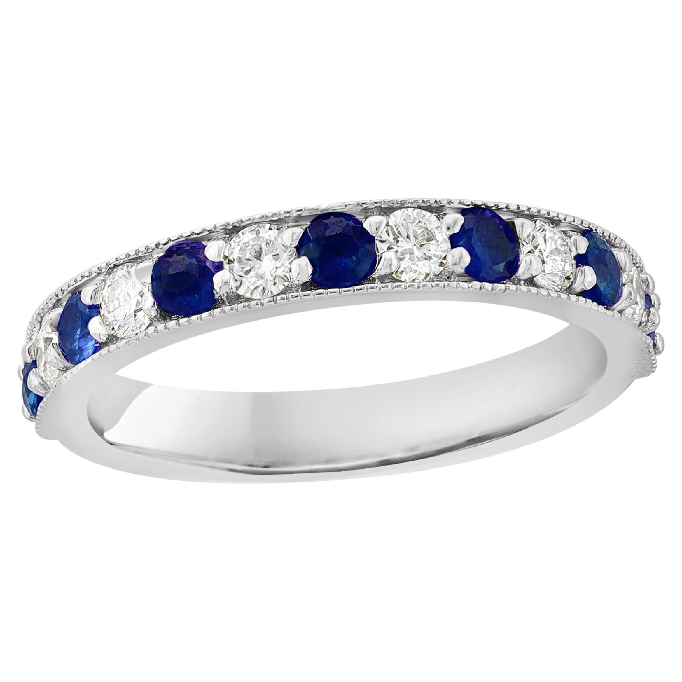 0.65 Carat Brilliant Cut Blue Sapphire and Diamond Band in 14K White Gold For Sale