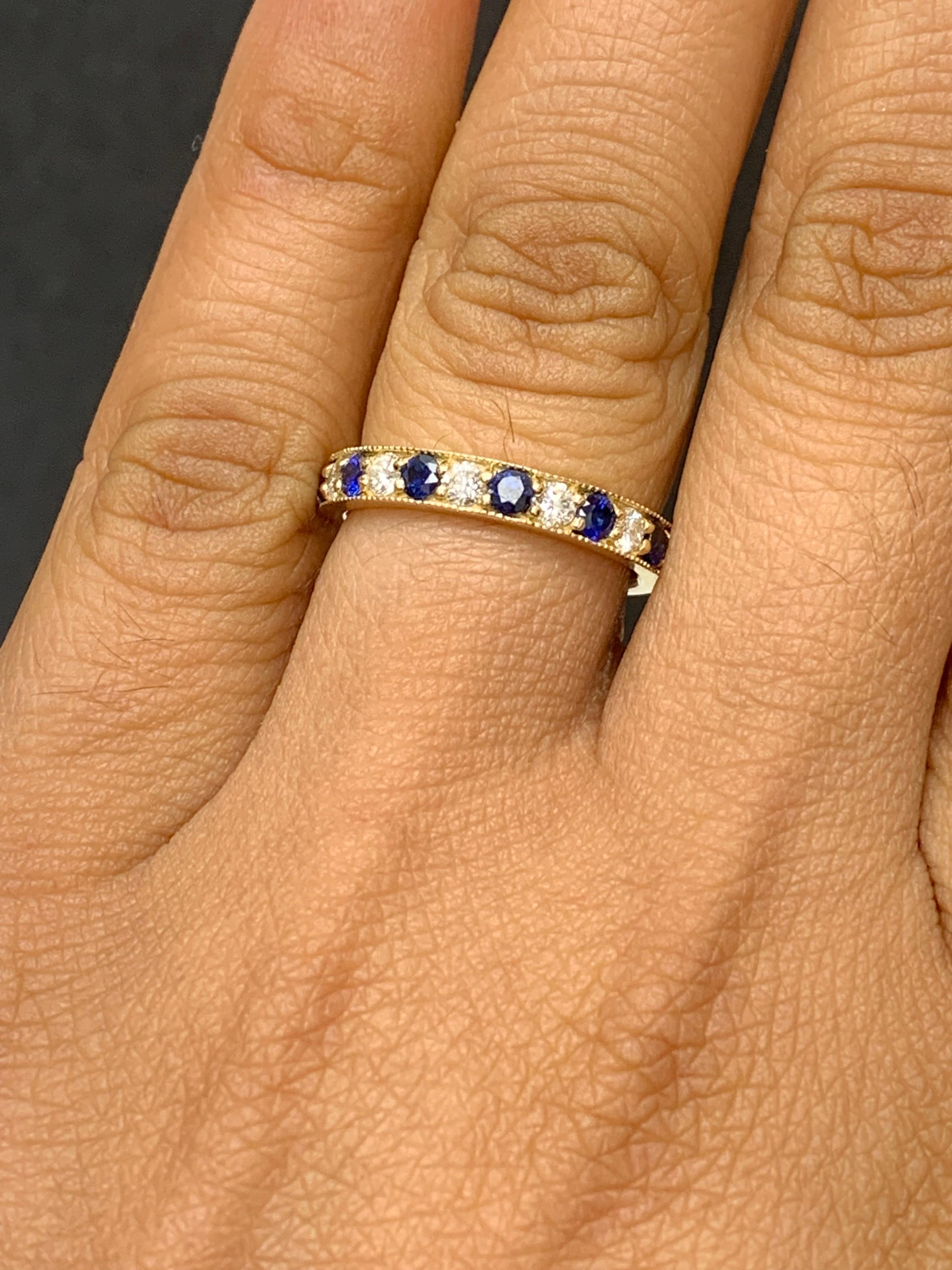0.65 Carat Brilliant Cut Blue Sapphire and Diamond Band in 14K Yellow Gold For Sale 2