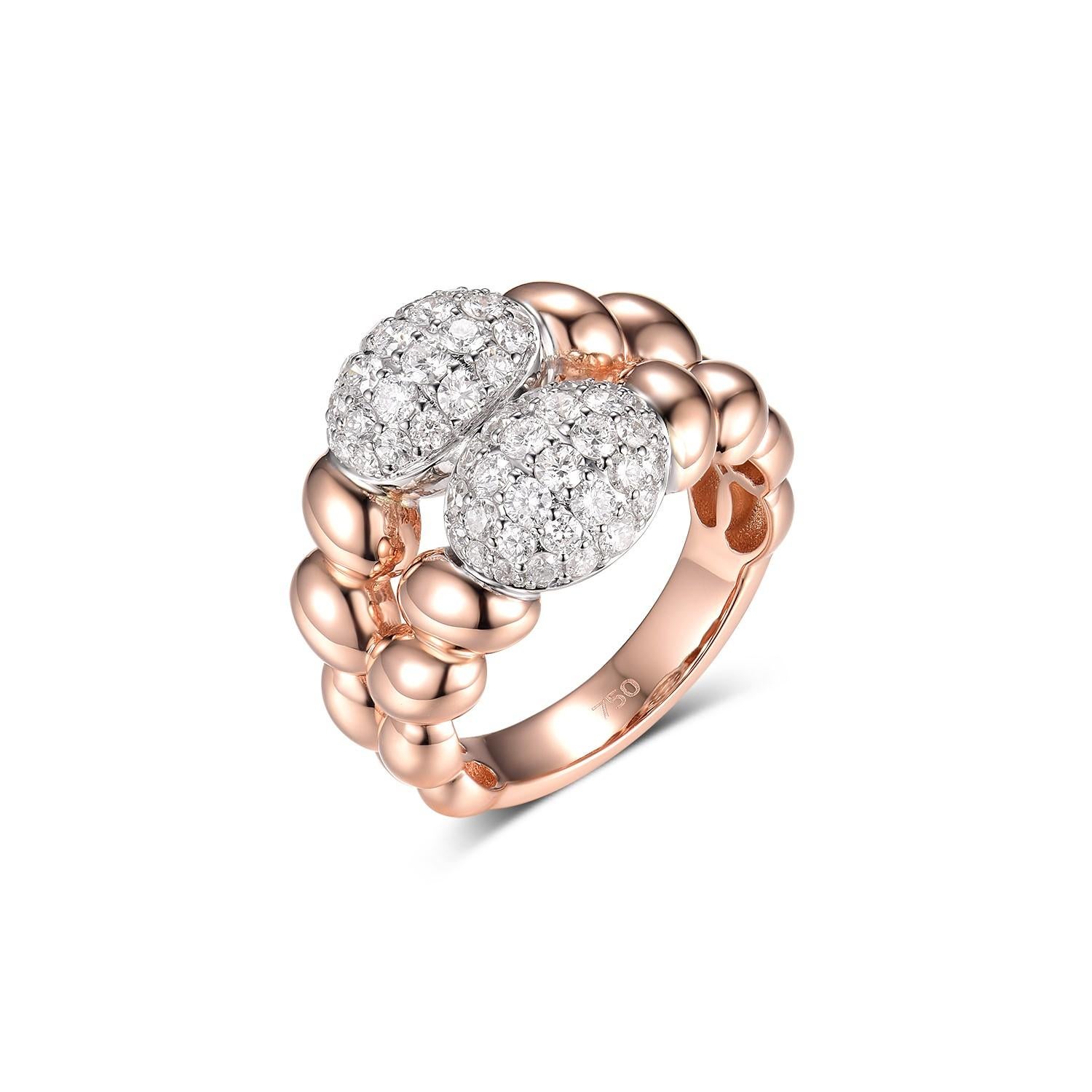 This ring is an exquisite piece that combines the romantic allure of 18K rose gold with the pure brilliance of white gold and diamonds. The diamonds, weighing a total of 0.65 carats, are likely to be finely set in white gold to enhance their