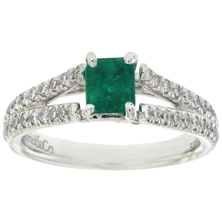 0.65 Carat Emerald and 0.36 Carat Diamonds in 14 Karat Gold Engagement ...