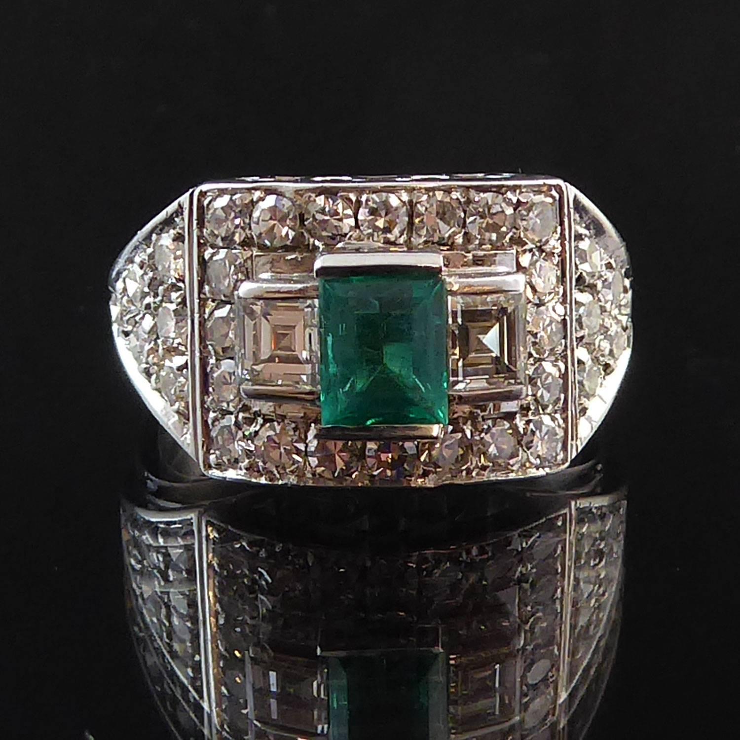 0.65 Carat Emerald and Diamond Ring, Geometric Cluster, French 5