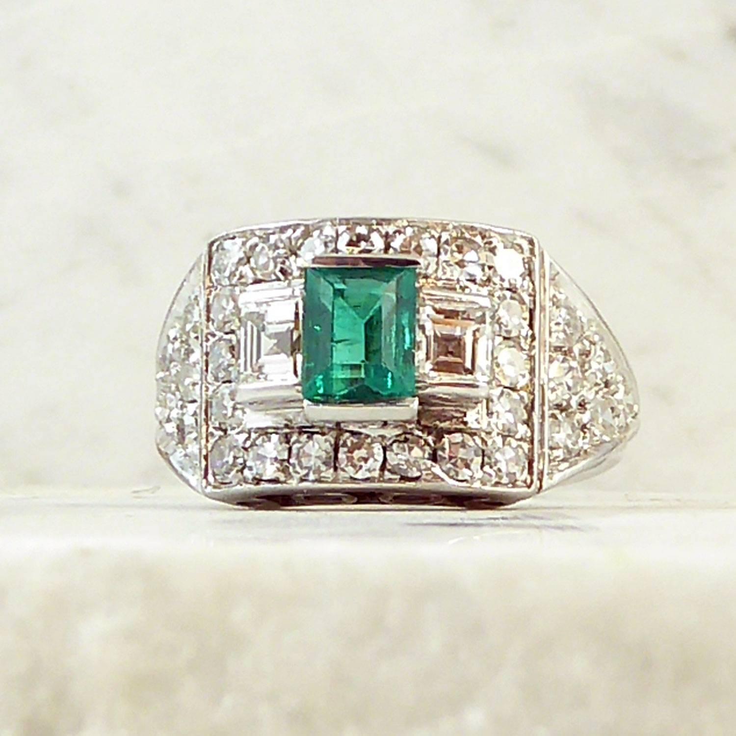 Art Deco 0.65 Carat Emerald and Diamond Ring, Geometric Cluster, French