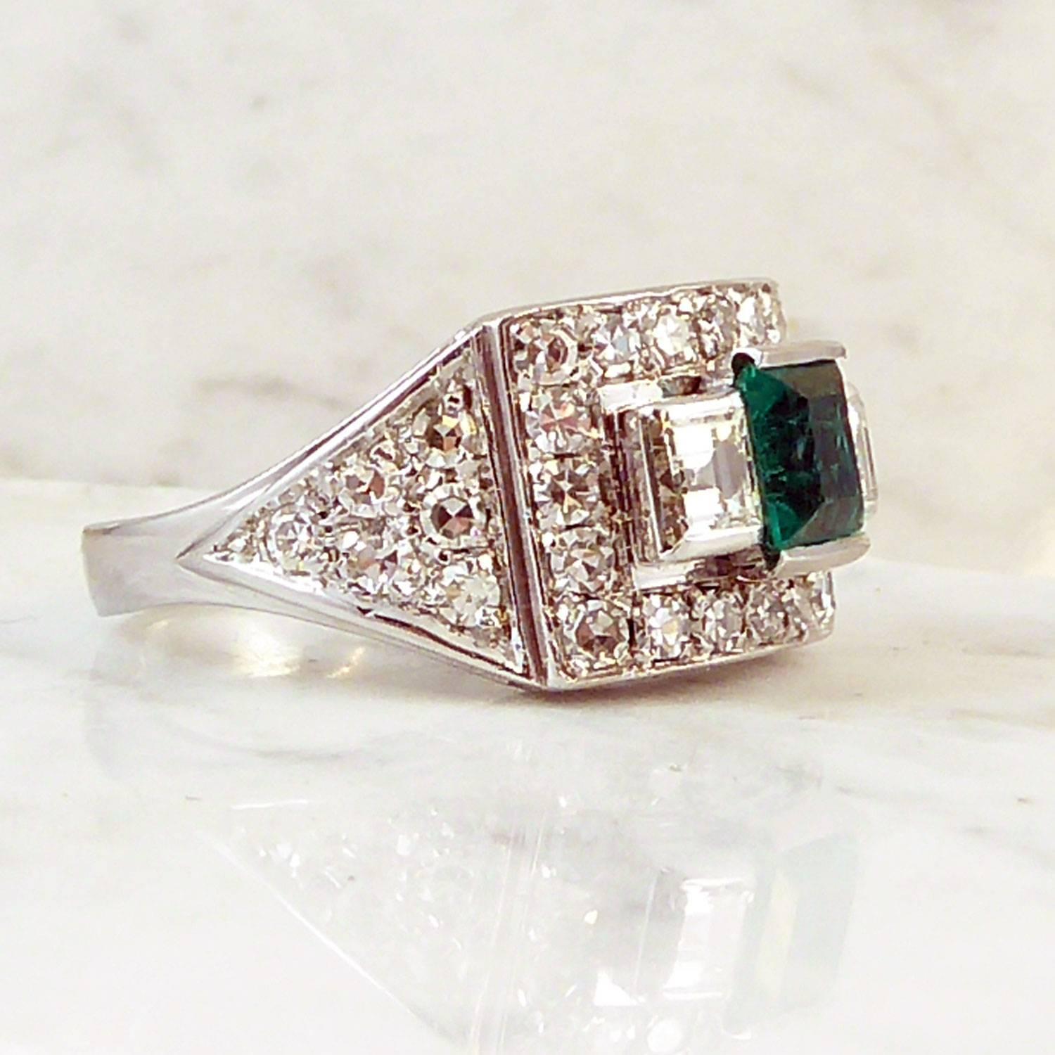 Emerald Cut 0.65 Carat Emerald and Diamond Ring, Geometric Cluster, French