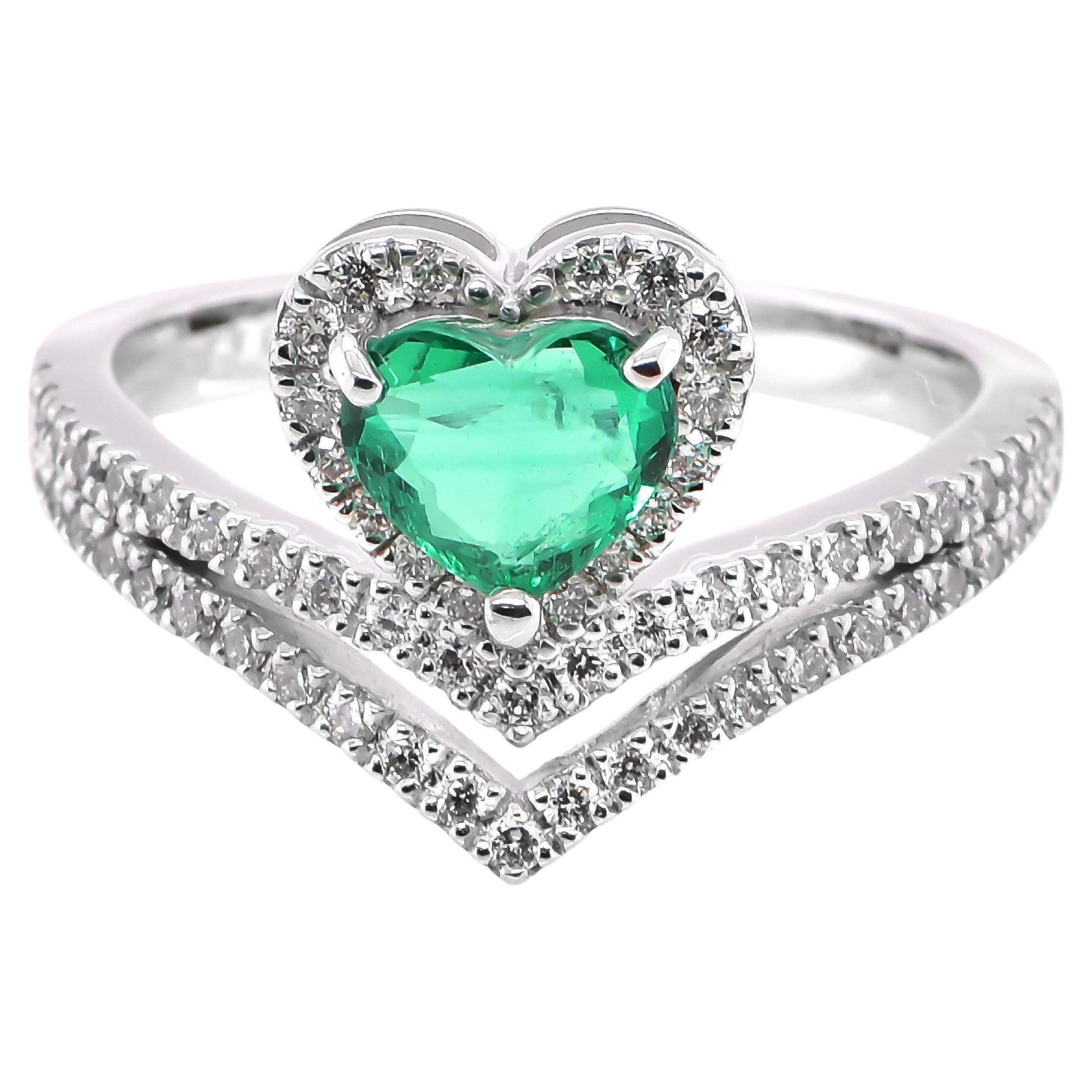 0.65 Carat Emerald and Diamond Tiara Cocktail Ring Made in Platinum For Sale
