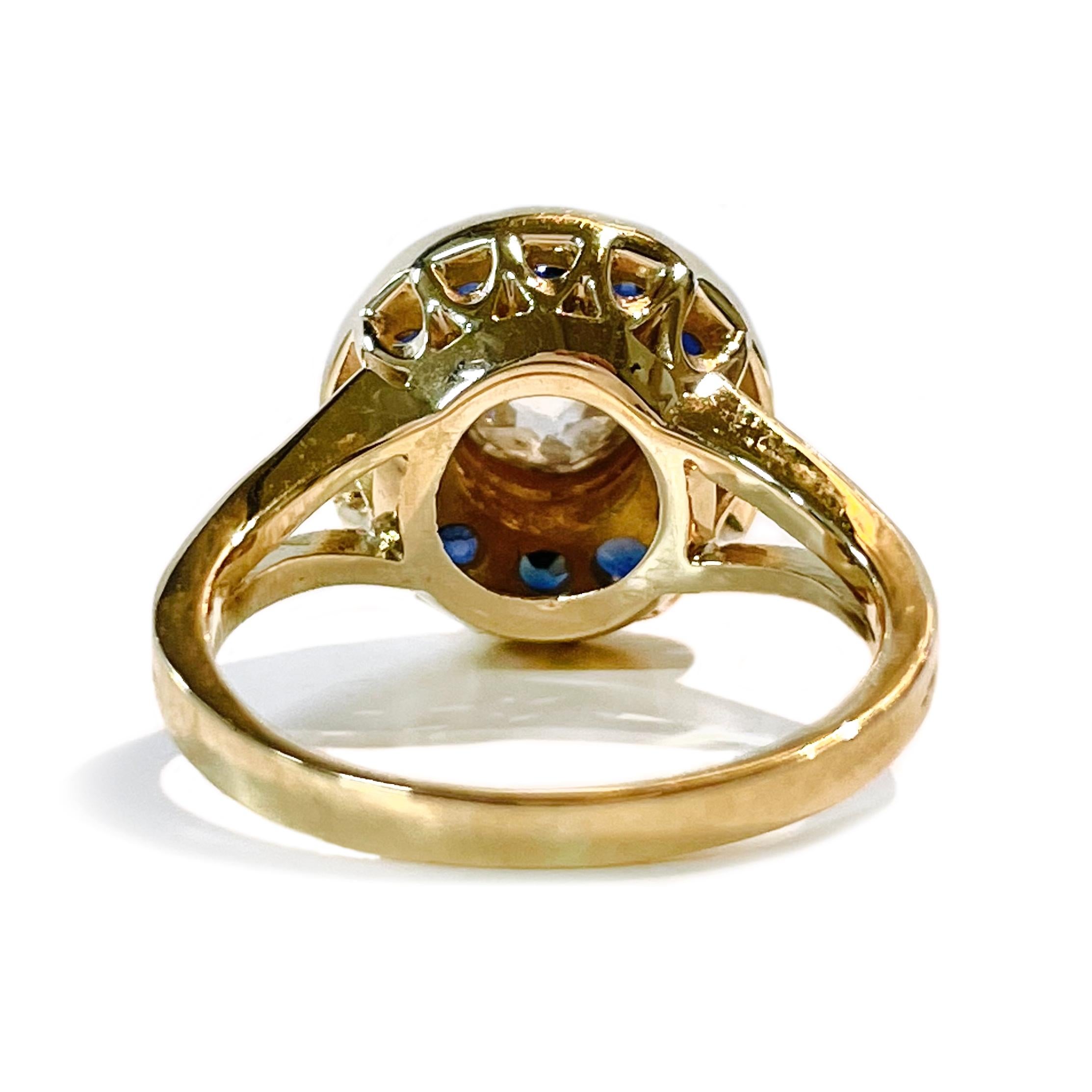 Round Cut Yellow Gold Euro-Cut Diamond Blue Sapphire Ring For Sale