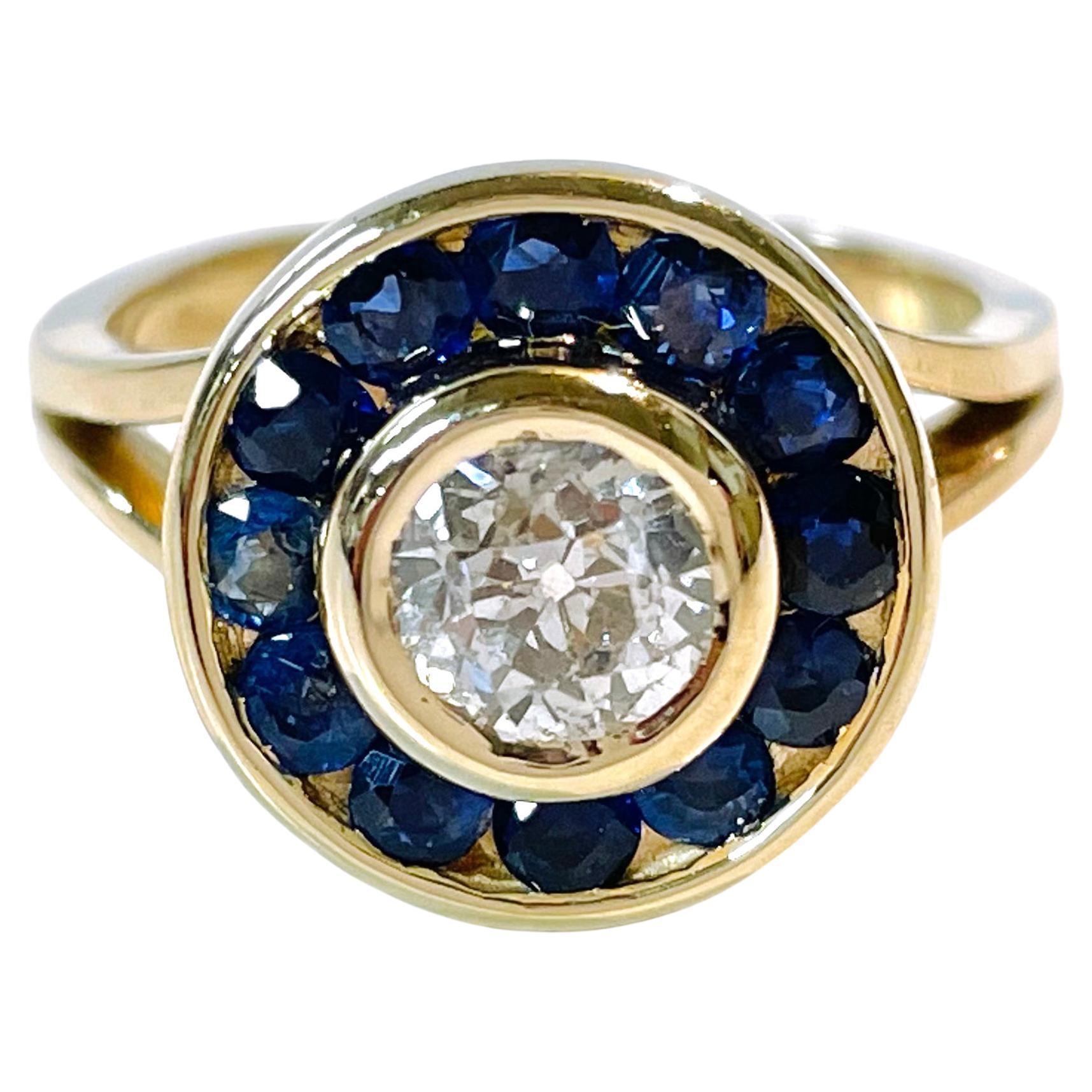 Yellow Gold Euro-Cut Diamond Blue Sapphire Ring For Sale