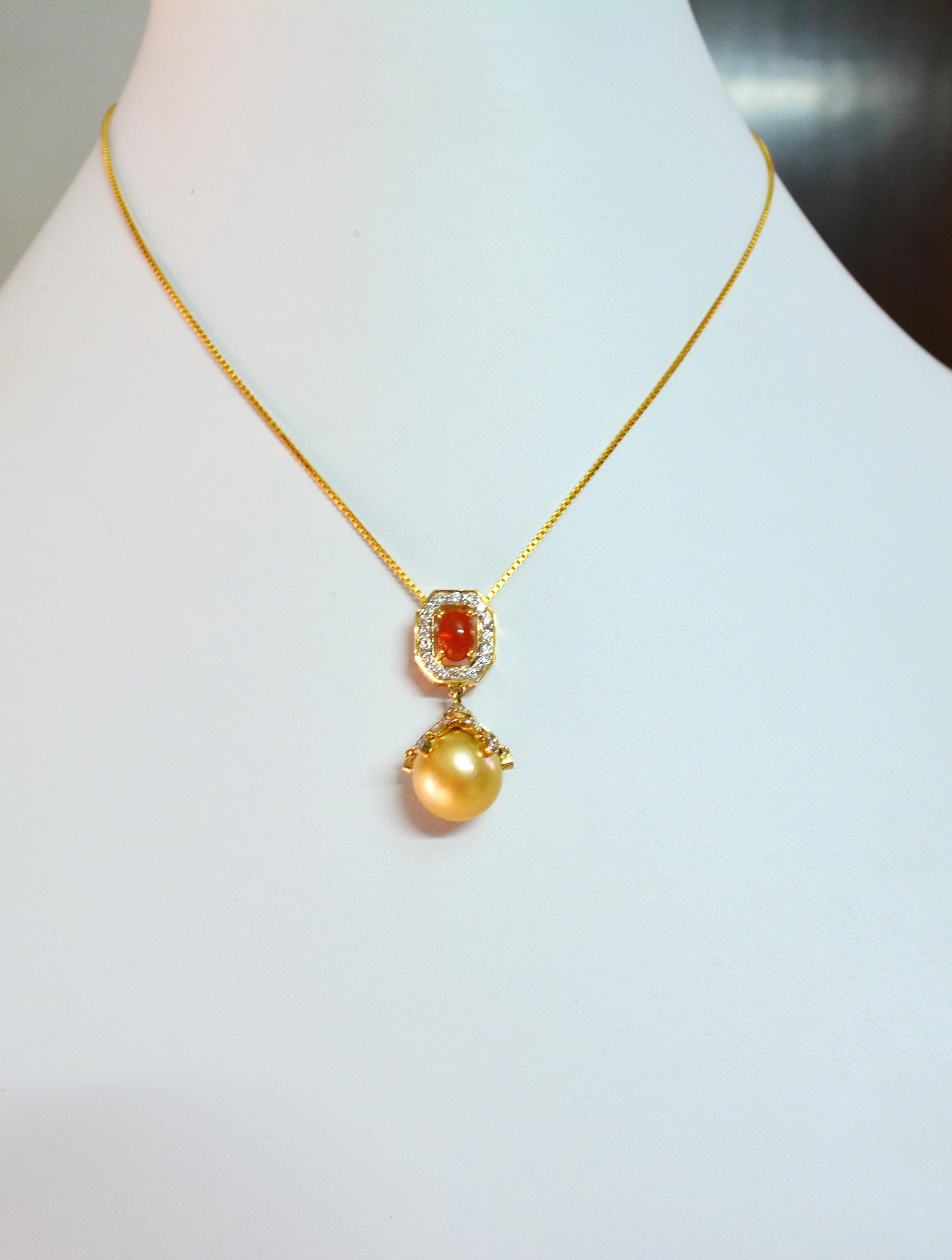 Modern 0.65 Carat Fire Opal South Sea Pearl Diamond 18 Karat Gold Pendant Necklace For Sale