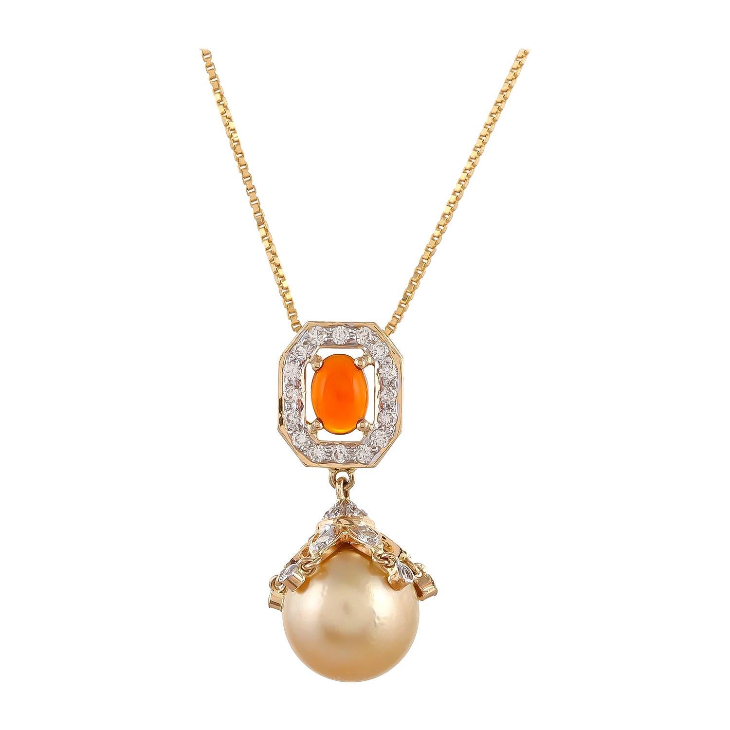 0.65 Carat Fire Opal South Sea Pearl Diamond 18 Karat Gold Pendant Necklace For Sale