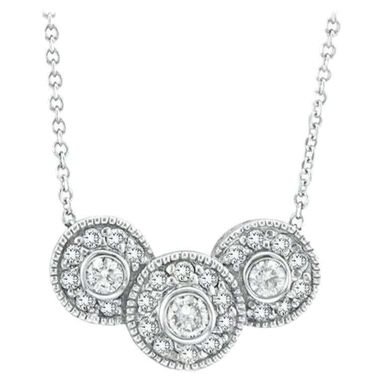 Collier pendentif en or blanc 14 carats avec diamants naturels de 0,65 carat et lunette à 3 diamants