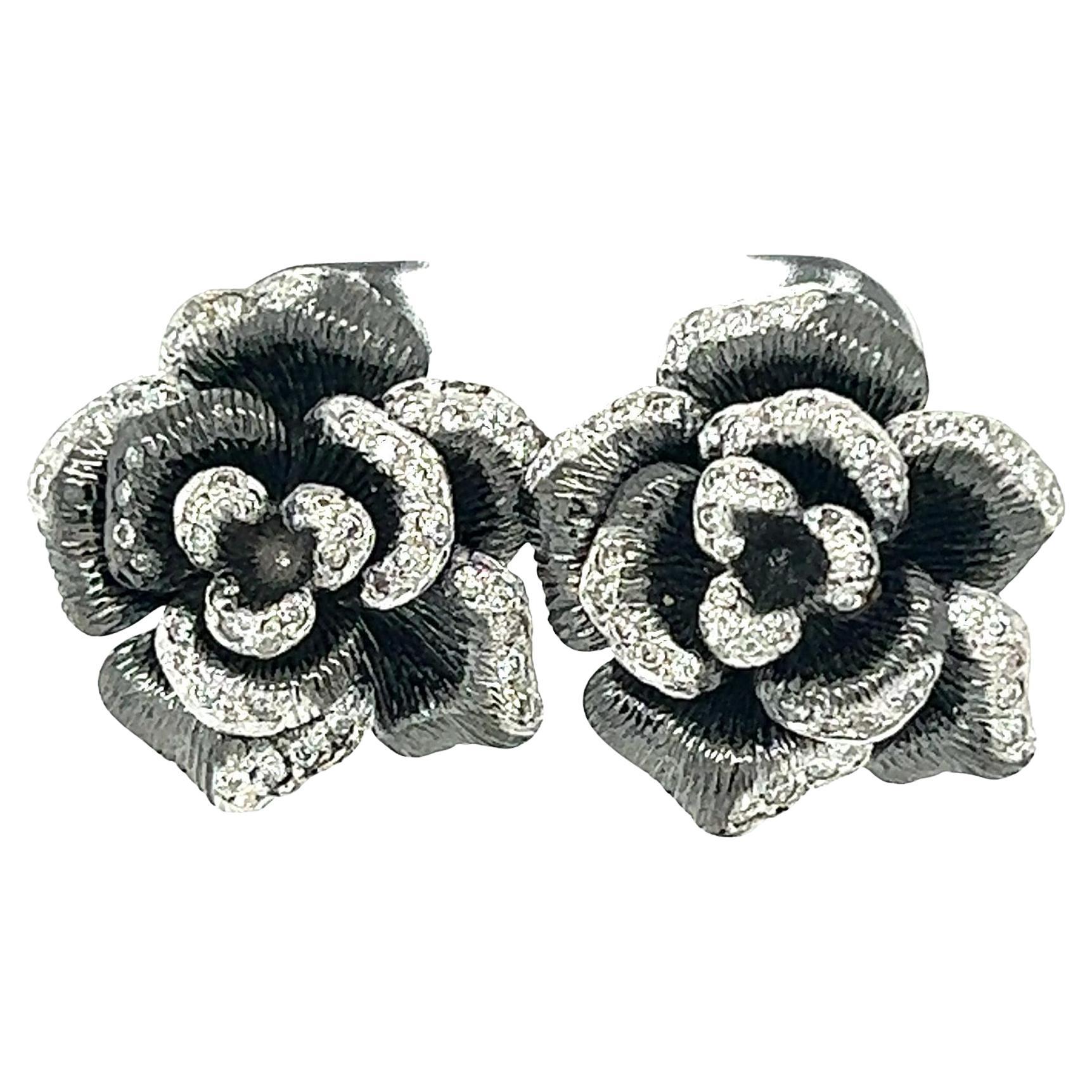 0.65 Carat Natural Diamond Black Rhodium Gold Flower Earrings