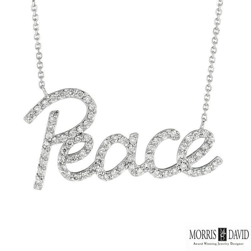 Contemporary 0.65 Carat Natural Diamond Peace Necklace Pendant 14 Karat White Gold Chain For Sale