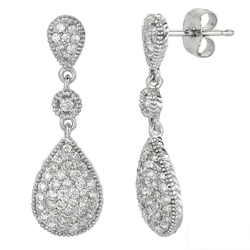 Taille ronde Boucles d'oreilles en goutte en or blanc 14 carats avec diamants naturels en forme de poire de 0,65 carat G SI en vente