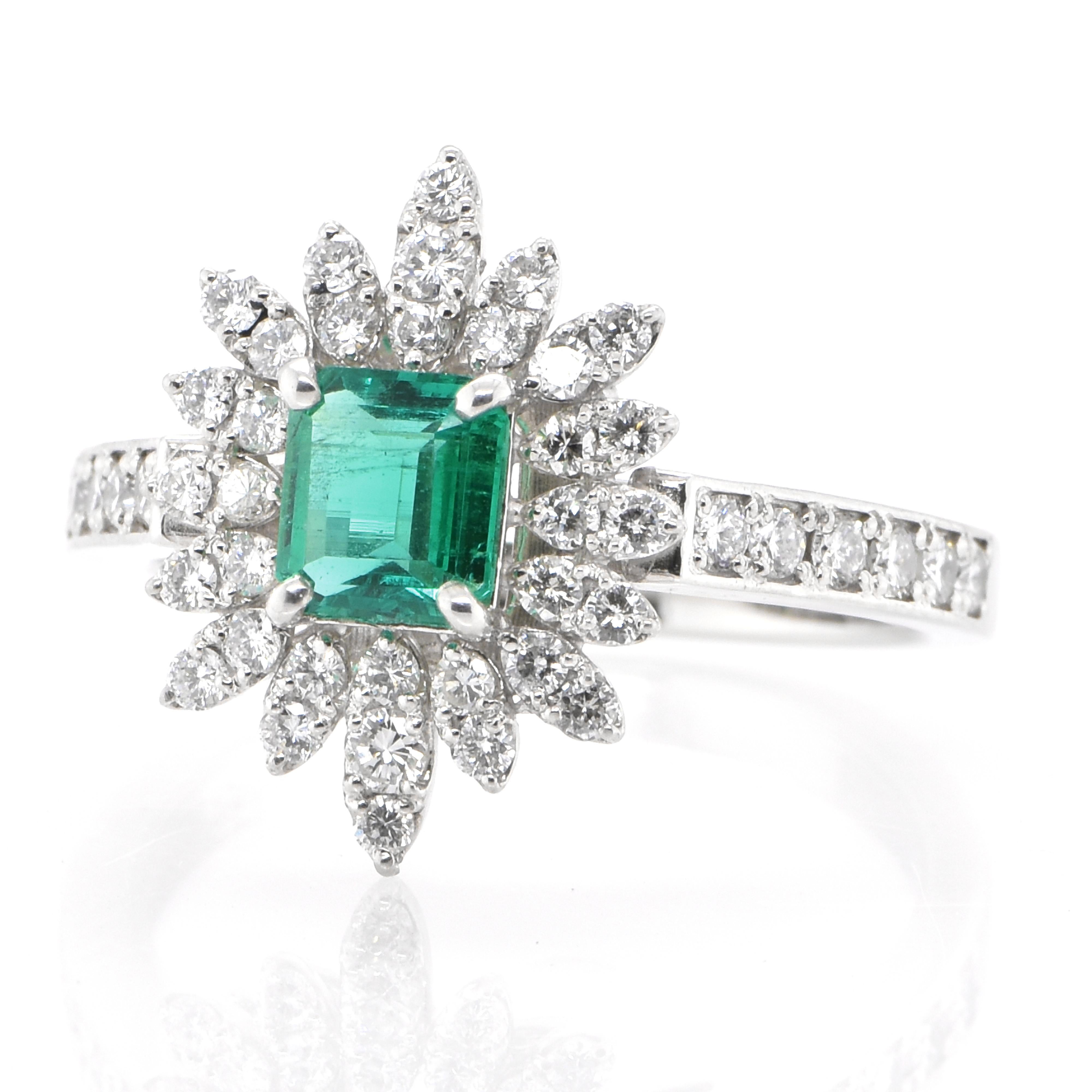 A stunning ring featuring a 0.652 Carat Natural Emerald and 0.61 Carats of Diamond Accents set in Platinum. People have admired emerald’s green for thousands of years. Emeralds have always been associated with the lushest landscapes and the richest
