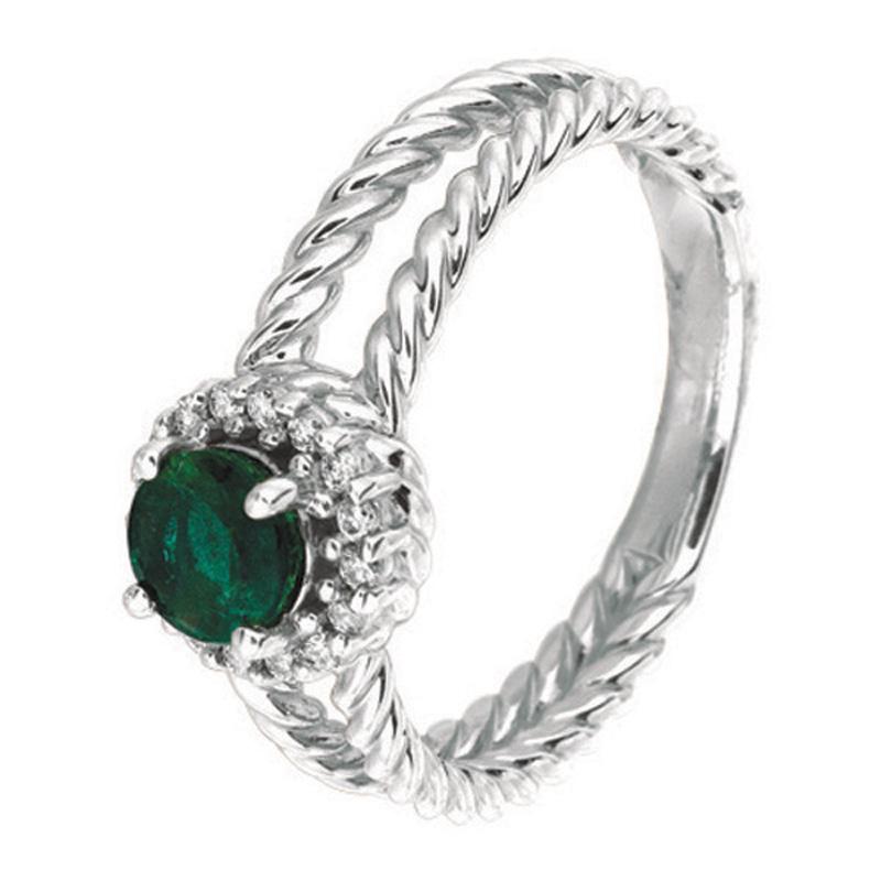 Round Cut 0.65 Carat Natural Emerald and Diamond Ring 14 Karat White Gold For Sale