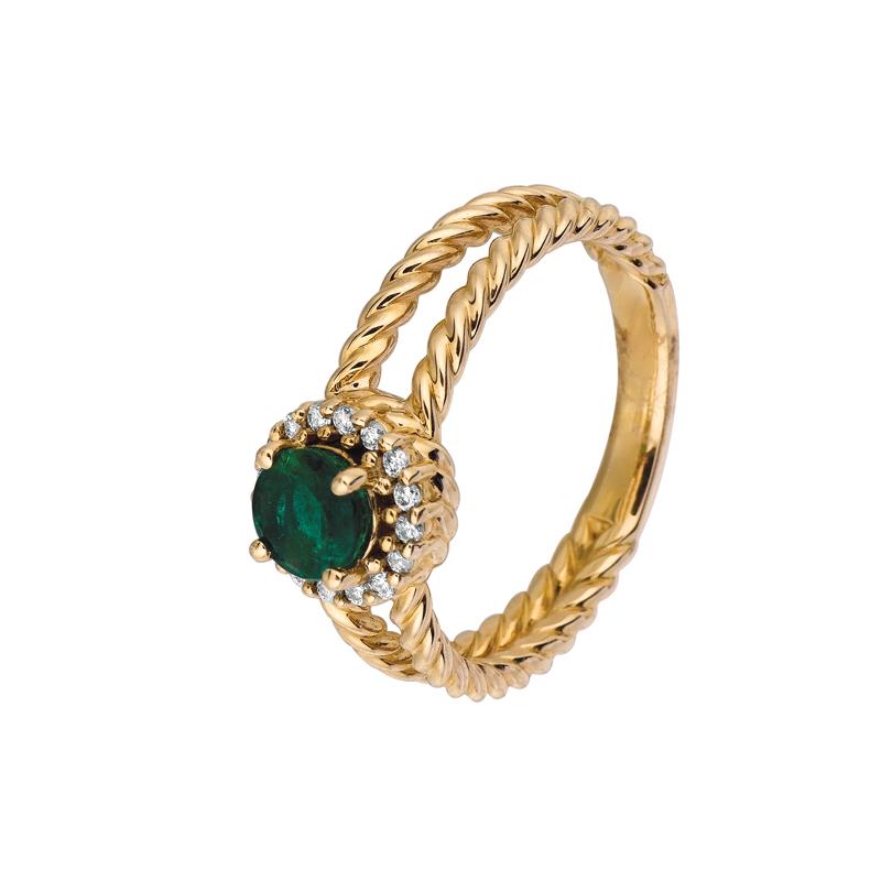 Round Cut 0.65 Carat Natural Emerald and Diamond Ring 14 Karat Yellow Gold For Sale
