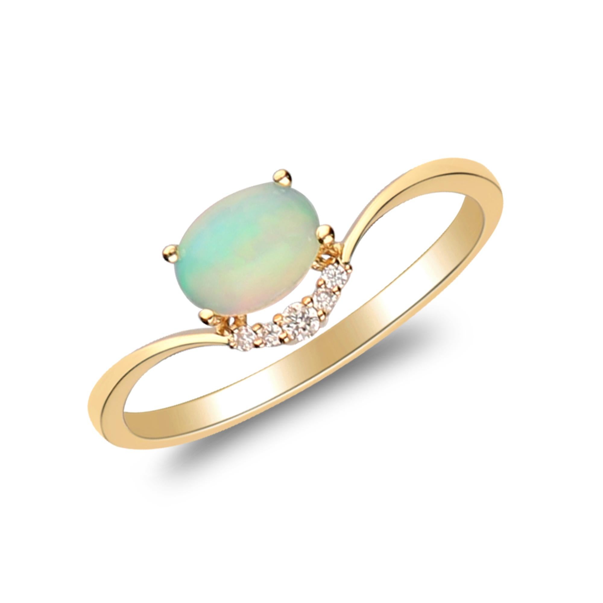 Oval Cut 0.65 Carat Oval Cab Ethiopian Opal Diamond accents 14K Yellow Gold Ring.