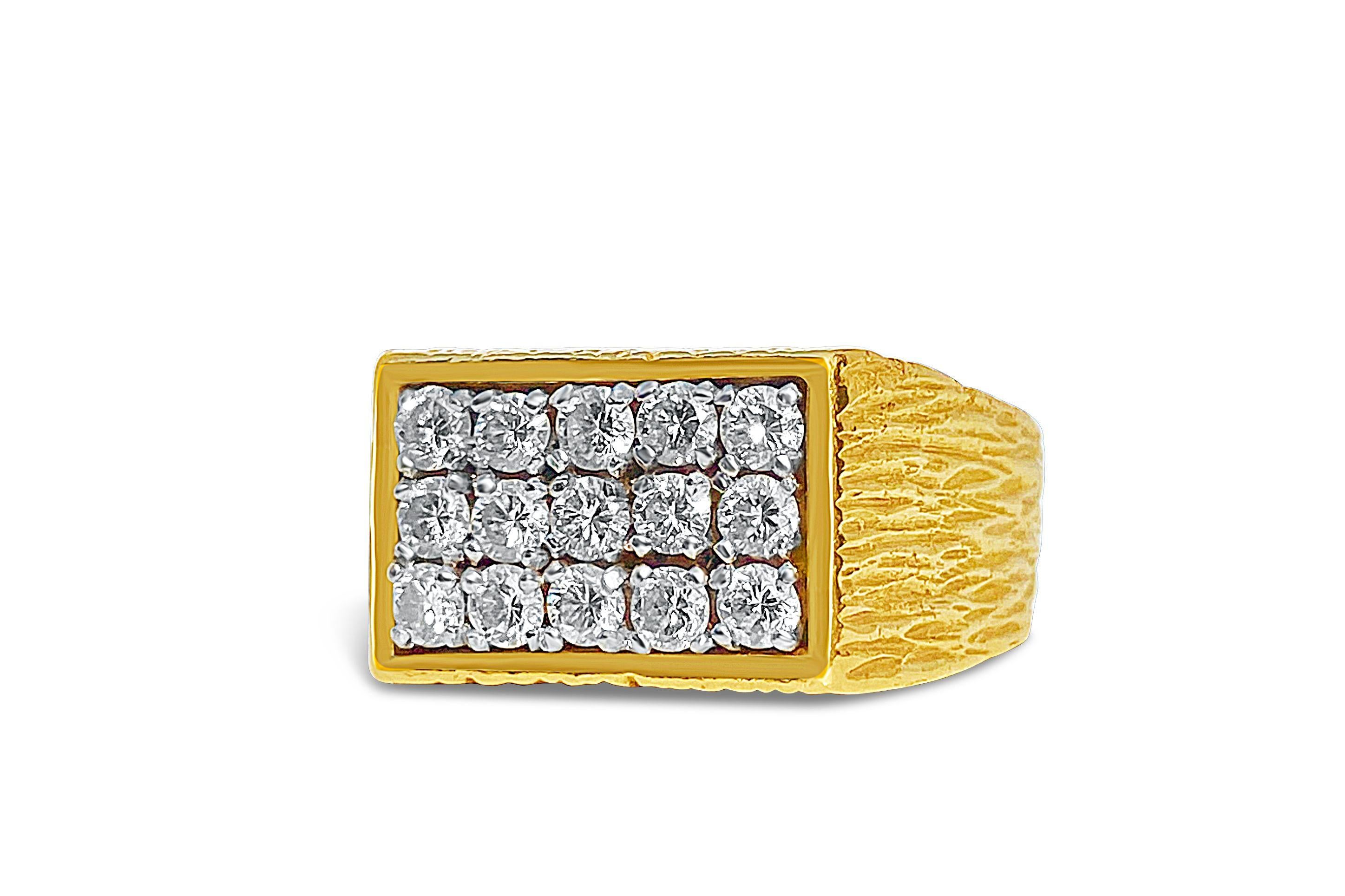 Centering 15 Round-Brilliant Cut Diamonds totaling 0.65 Carats and set in 14K Yellow Gold, this 14.7 gram, Italian-made men's ring is a superlative choice for the discerning collector. 

Details:
✔ Stone: White Diamond
✔ Diamond Weight: 0.65