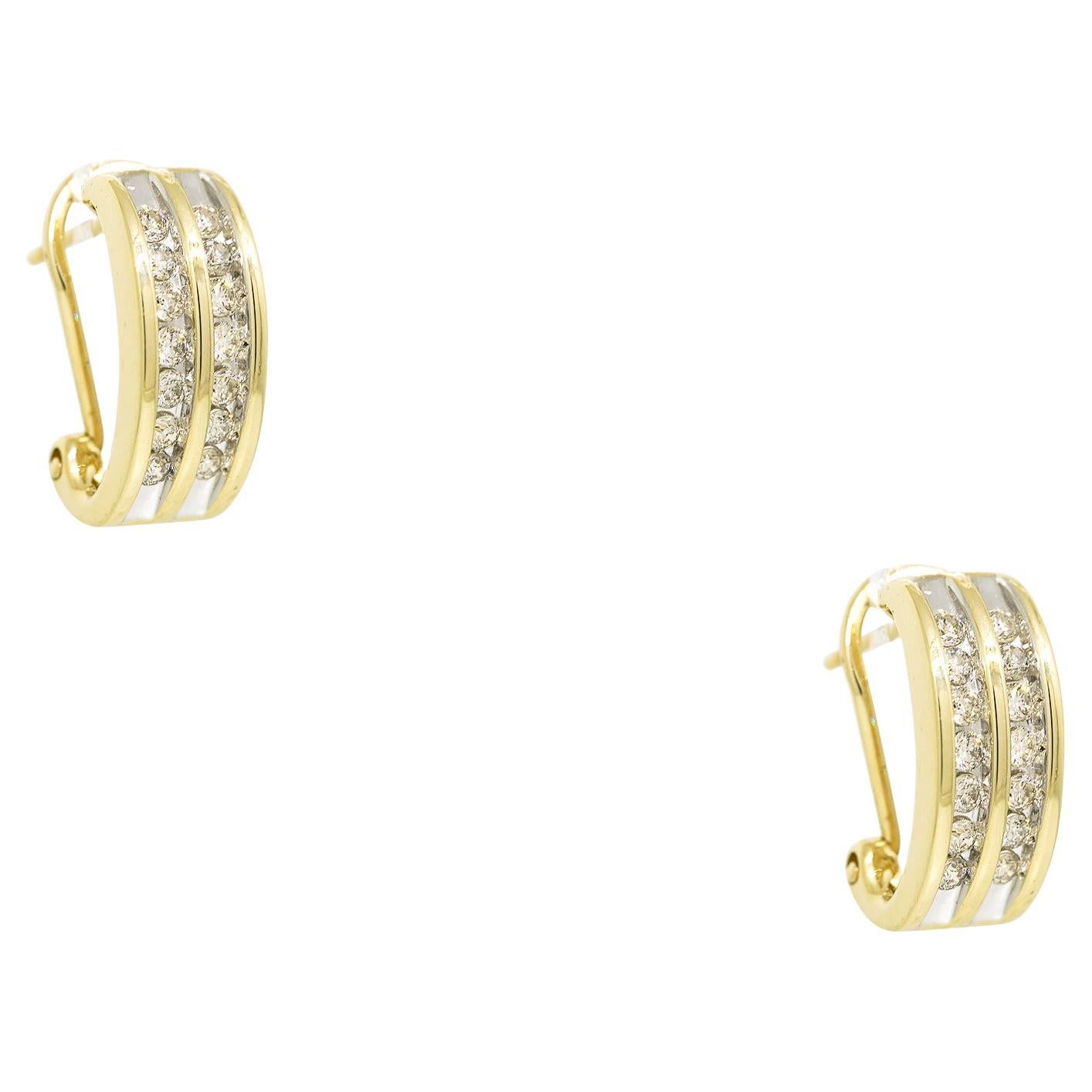 0.65 Carat Round Brilliant Diamond Channel Set Hoop Earrings 14 Karat In Stock For Sale