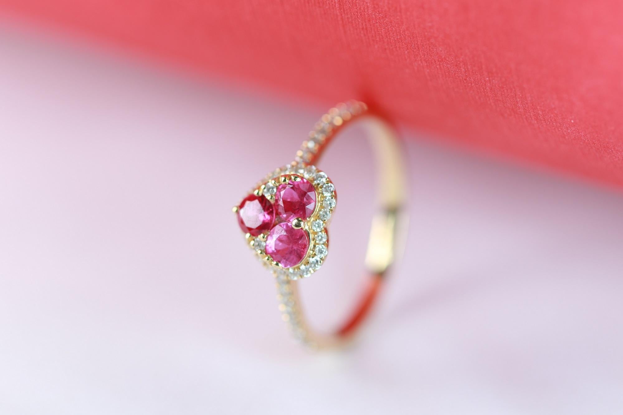 Stunning, timeless and classy eternity Unique Ring. Decorate yourself in luxury with this Gin & Grace Ring. The 18k Yellow Gold jewelry boasts Round Cut Prong Setting Genuine Ruby (3 pcs) 0.65 Carat, along with Natural Round cut white Diamond (43