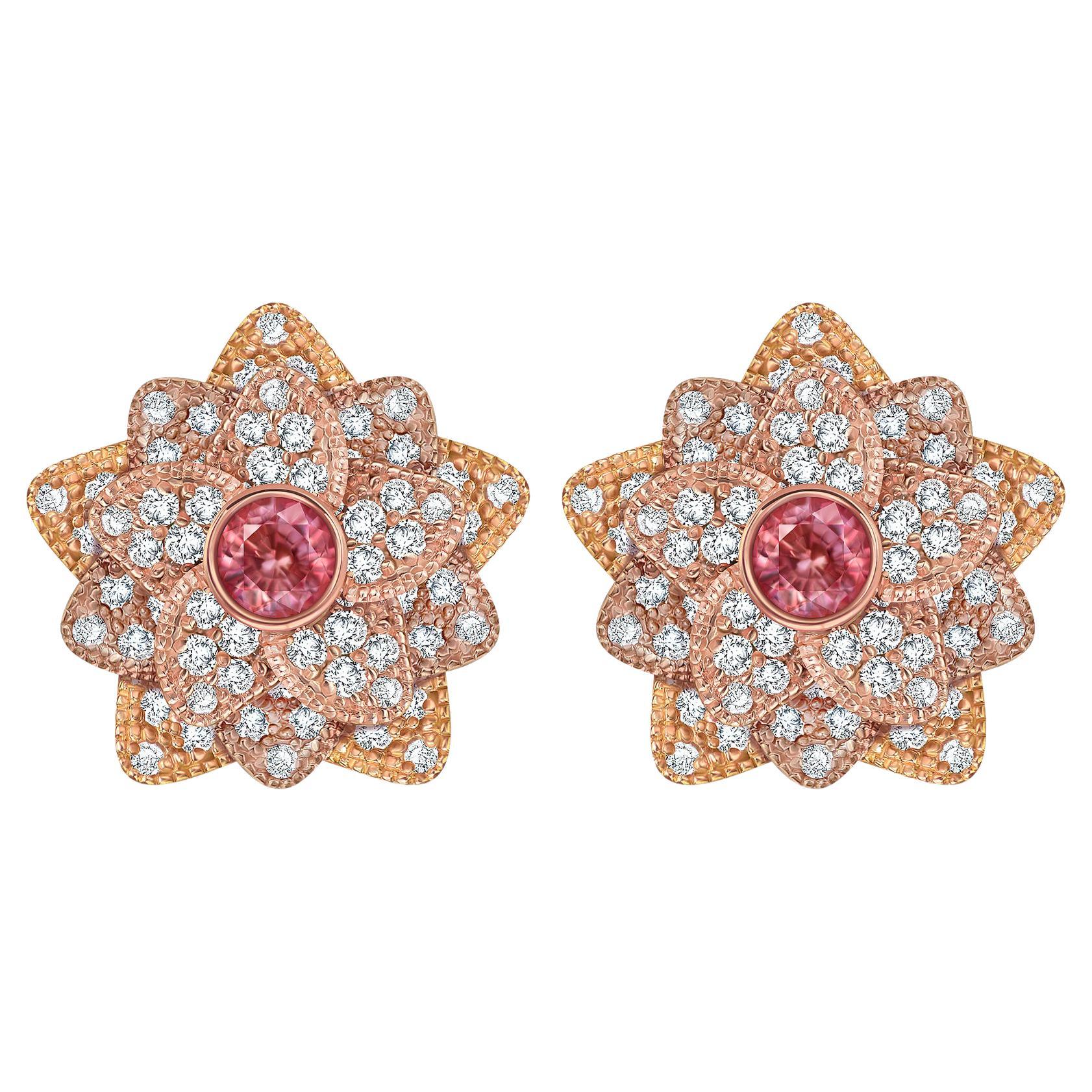 0, 65 Carat Sapphire Diamonds 18 Karat Rose Gold Stud "Lotus" Earrings by D&A