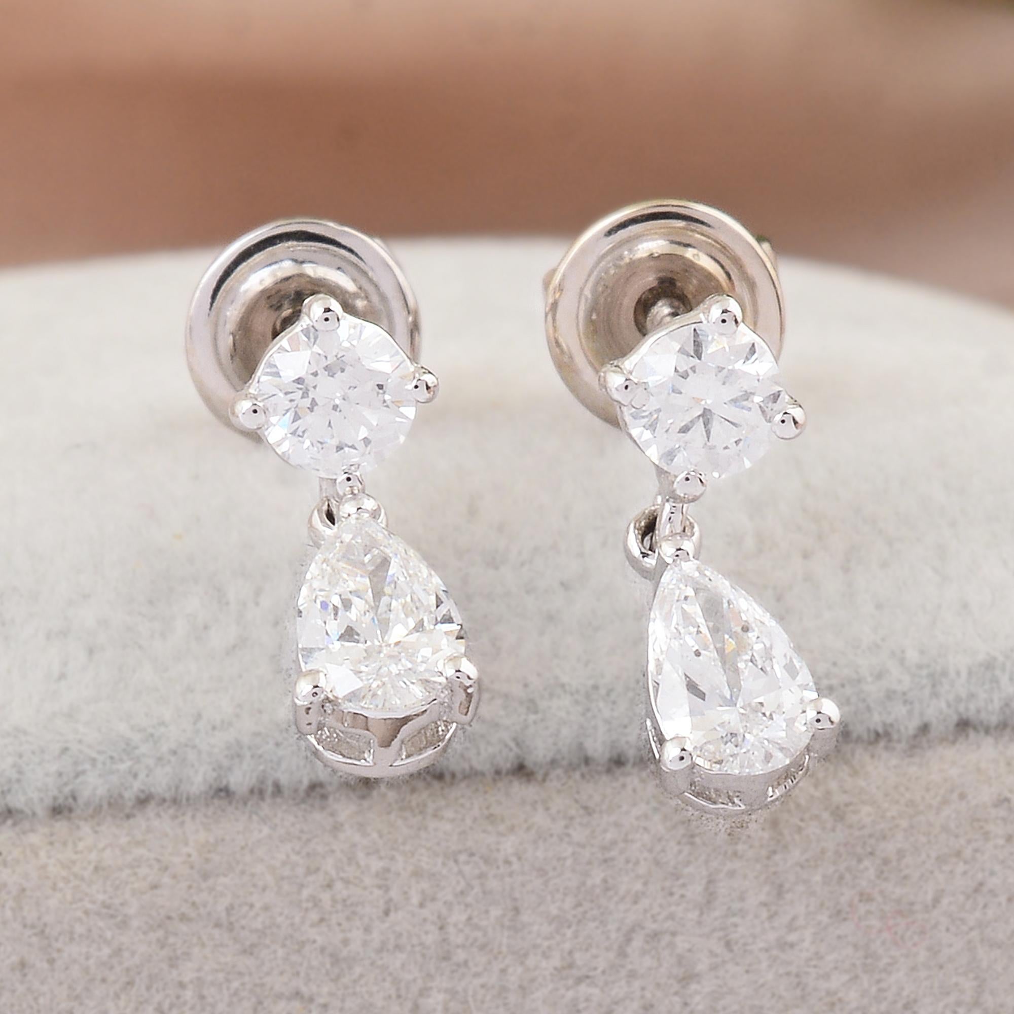 Taille poire Boucles d'oreilles pendantes en diamant de 0,65 carat, pureté SI, couleur HI, en or blanc 18 carats