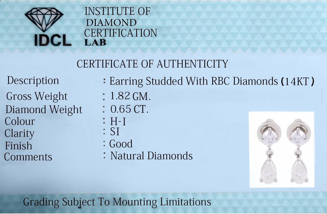 Pear Cut 0.65 Carat SI Clarity HI Color Diamond Drop Earrings 18 Karat White Gold Jewelry For Sale
