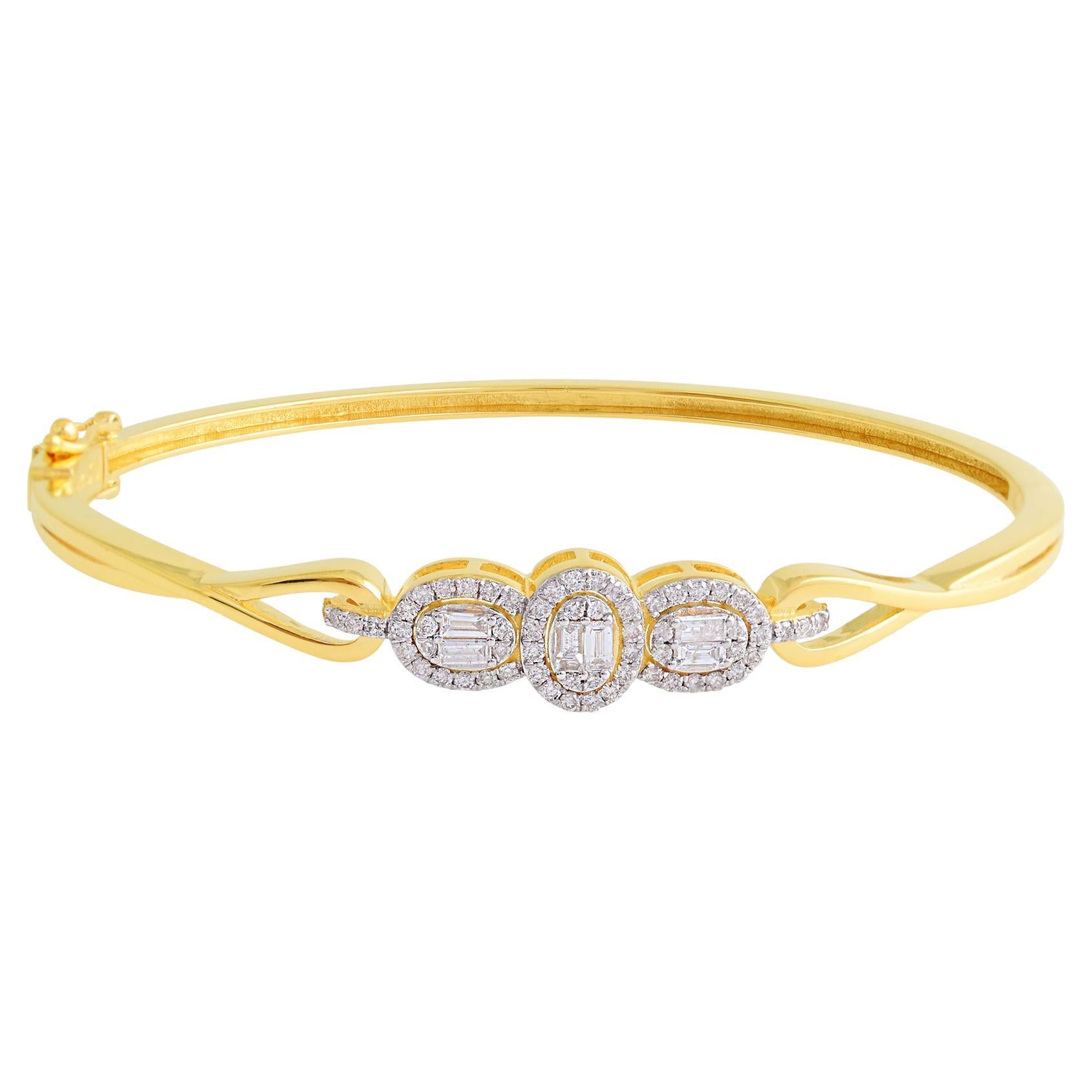 0.65 Carat SI/HI Baguette Round Diamond Bangle Bracelet 18 Karat Yellow Gold For Sale