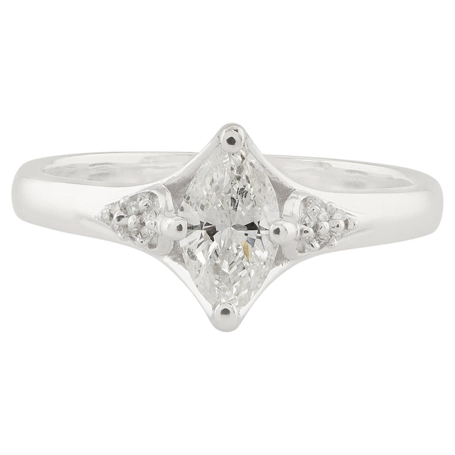 0.65 Carat Solitaire Marquise Diamond Ring 18k White Gold Handmade Fine Jewelry
