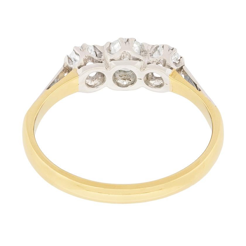 Old European Cut 0.65 Carat Three-Stone Transitional Cut Diamond Engagement Ring, circa 1940s For Sale