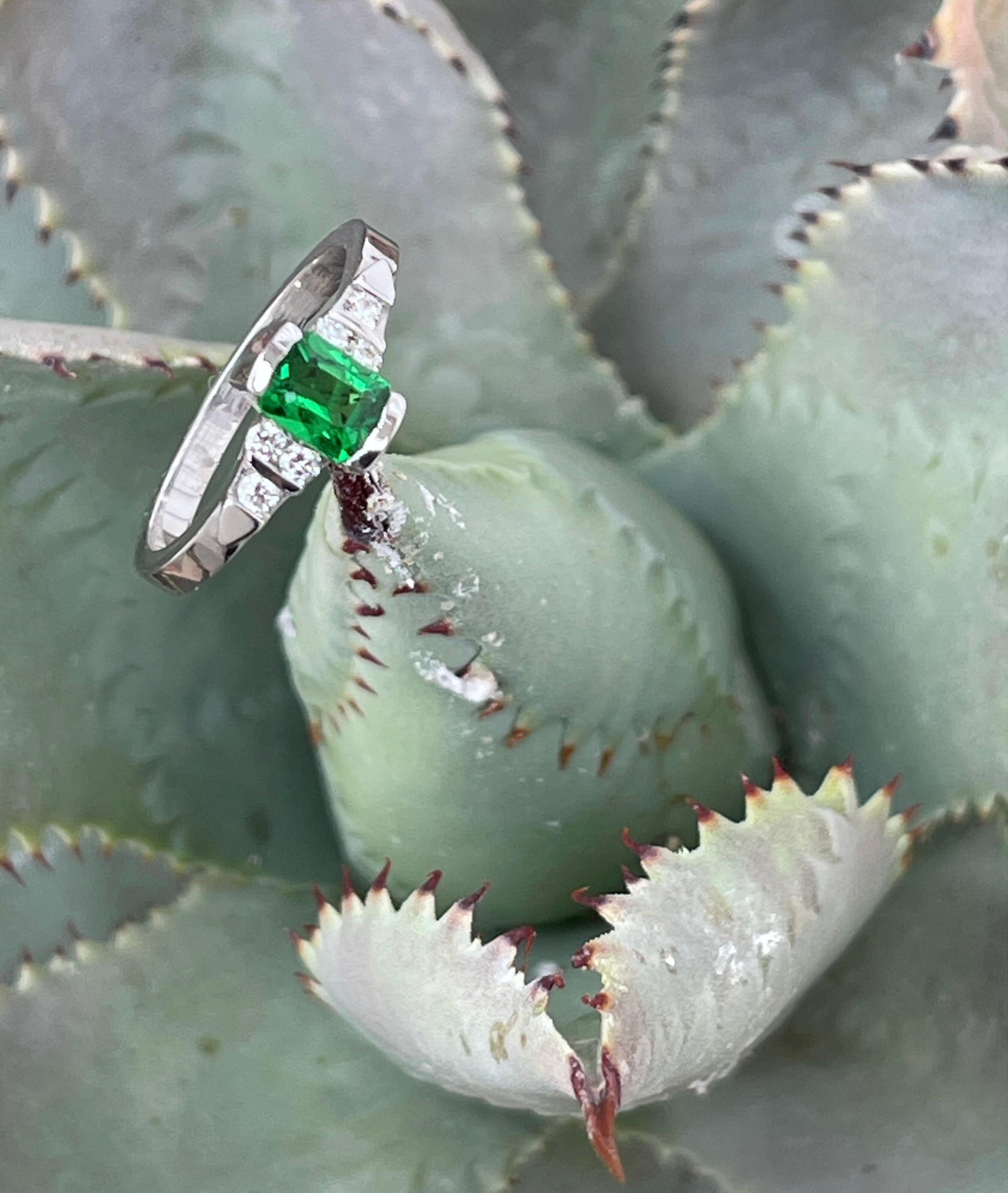 Emerald Cut 0.65 Carat Tsavorite and Diamond Gold Ring