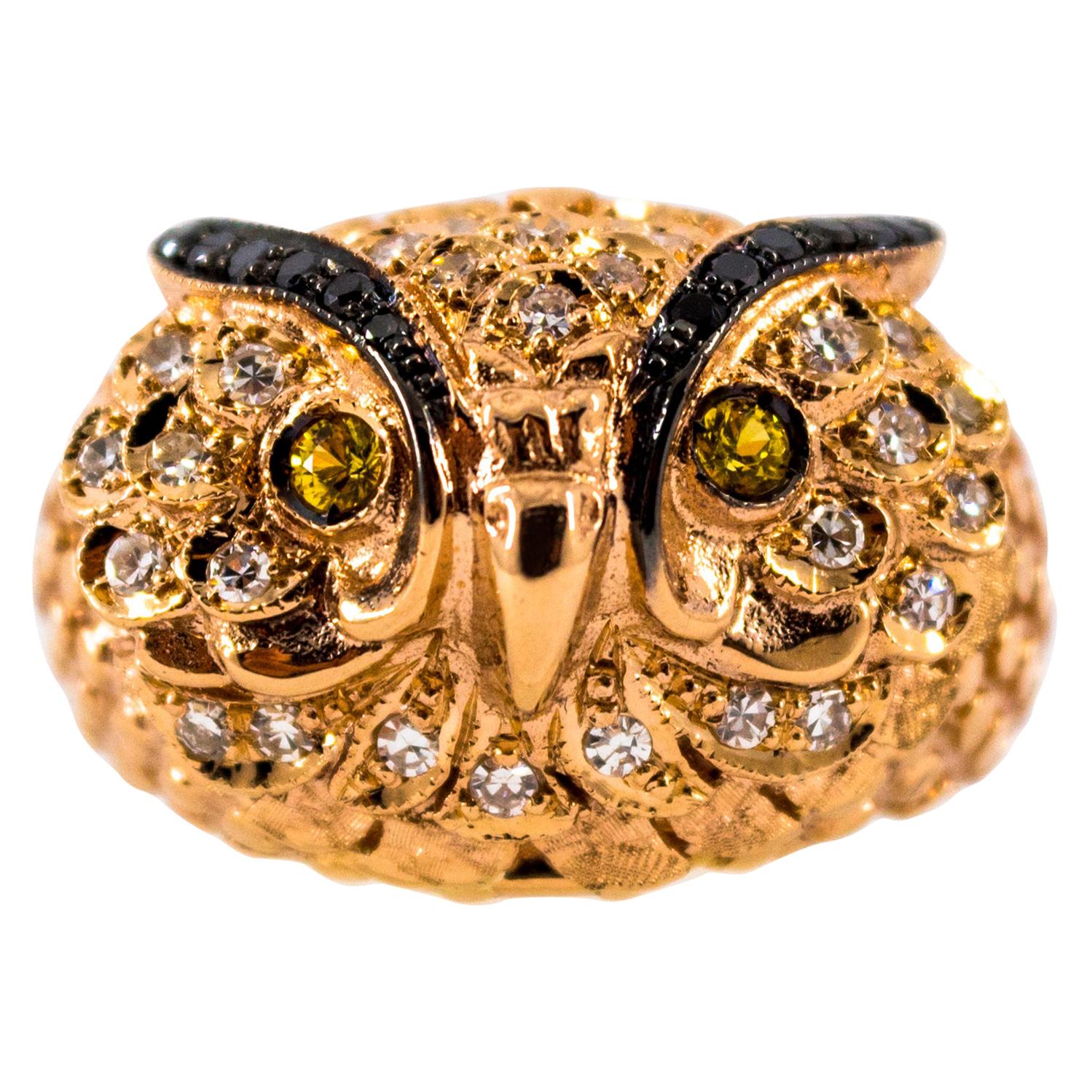 0.65 Carat White and Black Diamond Yellow Sapphire Rose Gold Cocktail "Owl" Ring