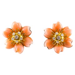 0.65 Carat White Diamond Pink Coral Yellow Gold "Flowers" Clip-On Earrings