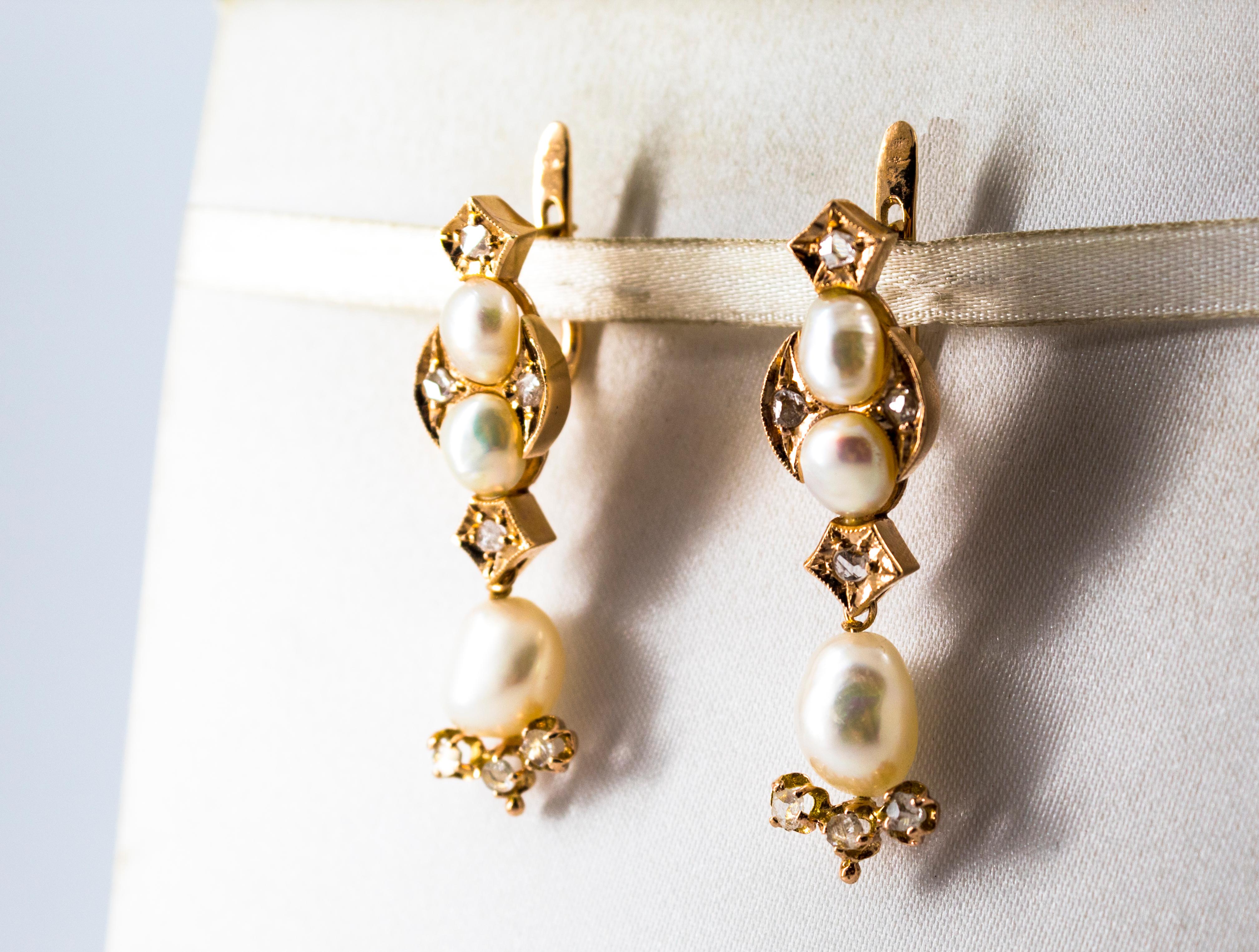0.65 Carat White Rose Cut Diamond Pearl Yellow Gold Lever-Back Drop Earrings In New Condition In Naples, IT