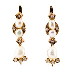 0.65 Carat White Rose Cut Diamond Pearl Yellow Gold Lever-Back Drop Earrings