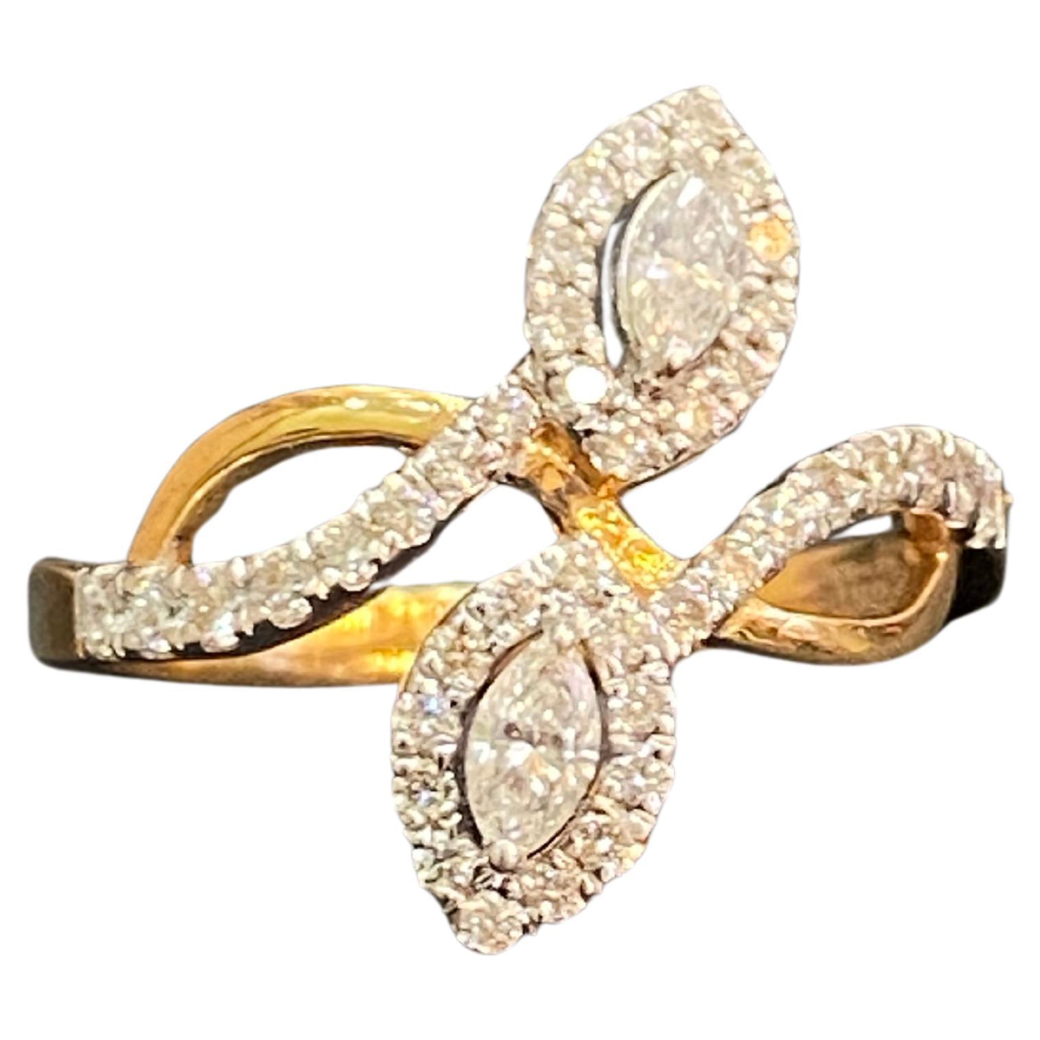 0.65 Carats F/VS1 Marquise Round Natural Diamonds Wedding Ring 14K Yellow Gold