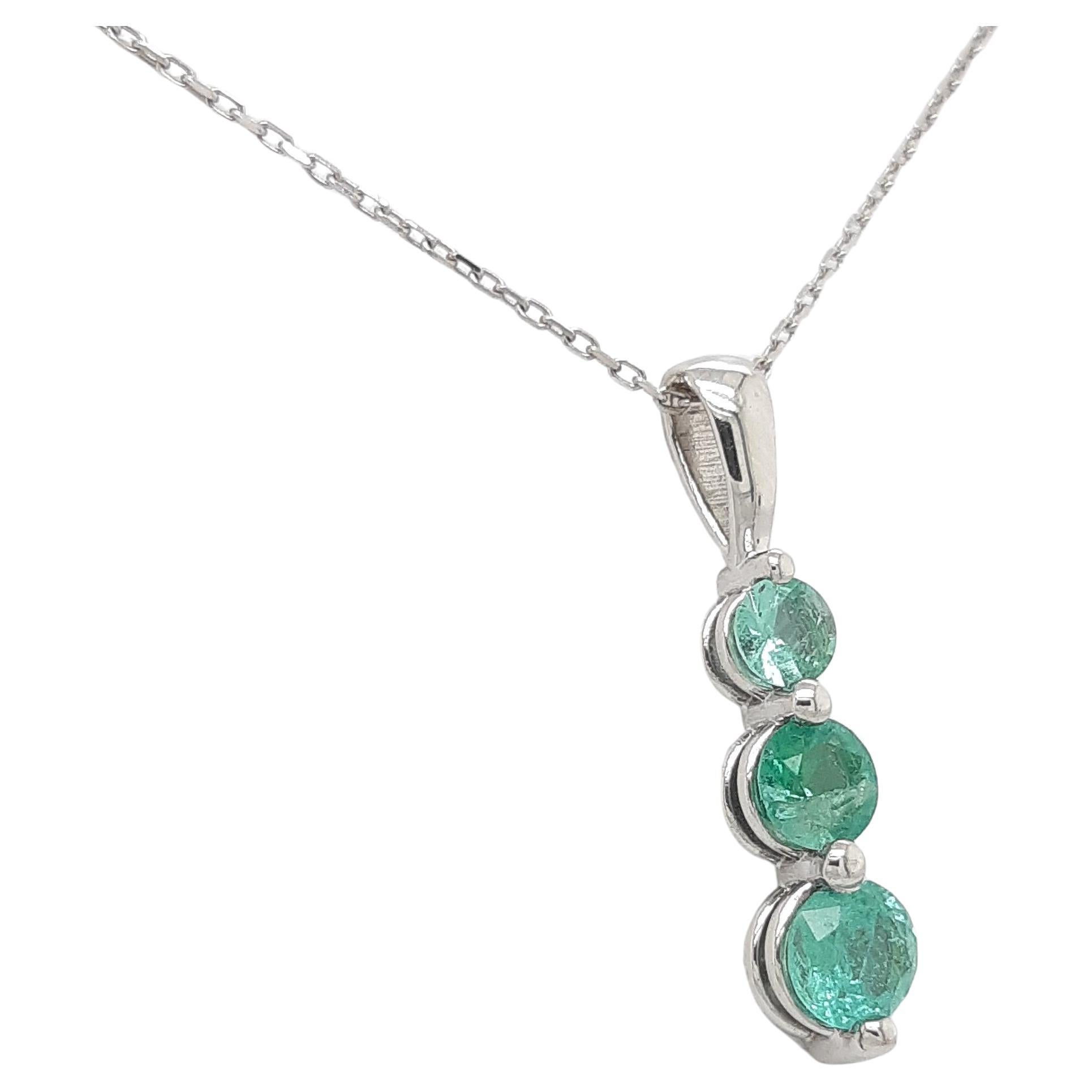 Round Cut  0.65 Carats Three Stone Emerald Pendant