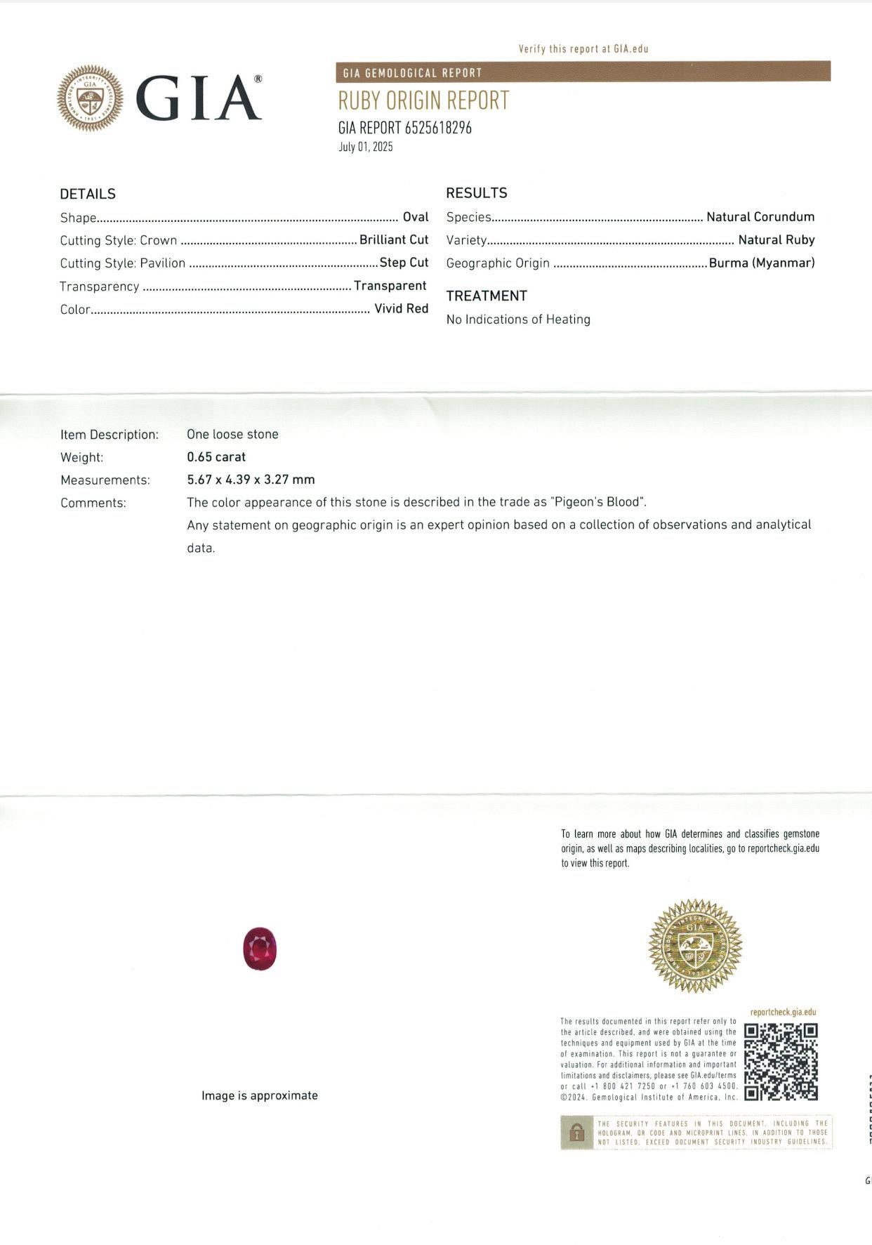 Taglio brillante 0,65 Ct Certificato GIA Rubino di Birmania naturale non riscaldato Colore sangue di piccione occhi puliti in vendita