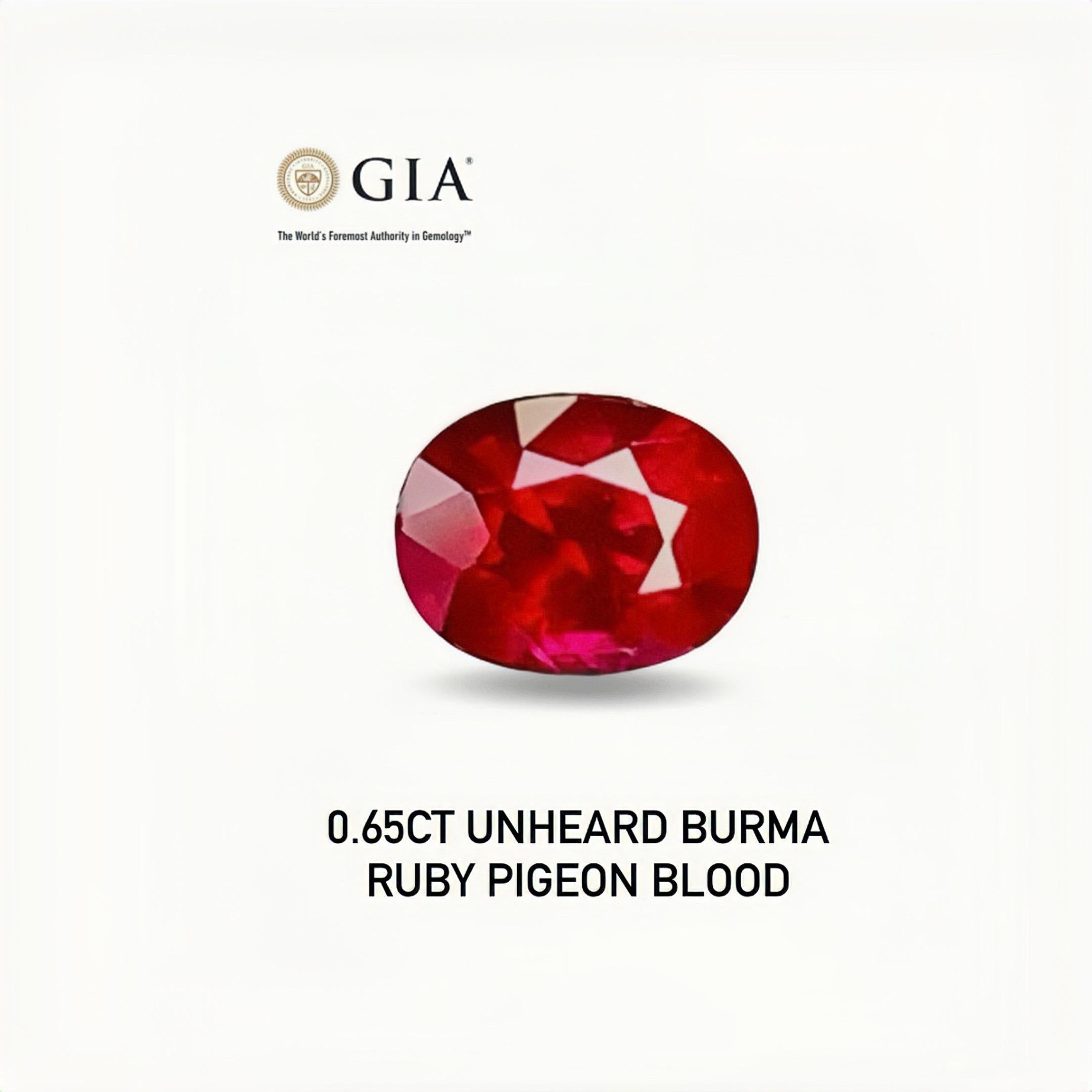 0,65 Ct Certificato GIA Rubino di Birmania naturale non riscaldato Colore sangue di piccione occhi puliti in vendita 2