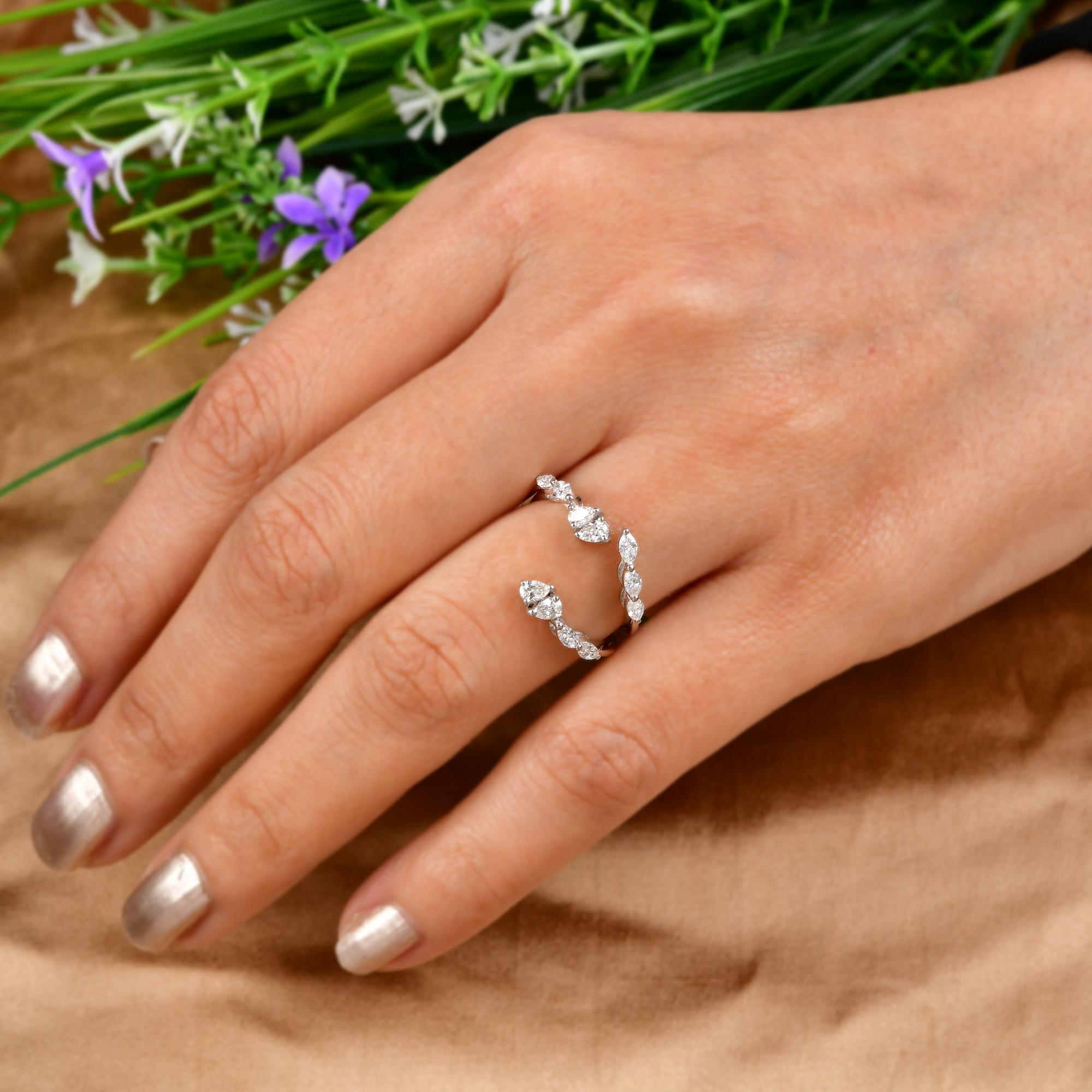 Pear Cut 0.65 Ct. Pear & Marquise Diamond Cuff Ring 14 Karat White Gold Handmade Jewelry For Sale