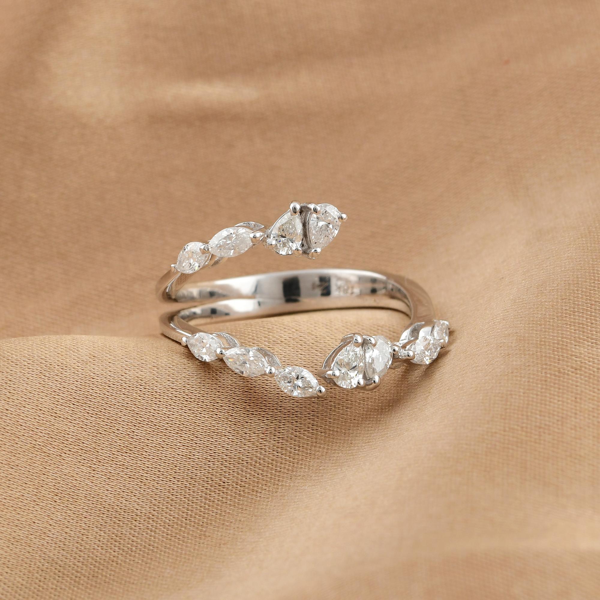 Women's 0.65 Ct. Pear & Marquise Diamond Cuff Ring 14 Karat White Gold Handmade Jewelry For Sale