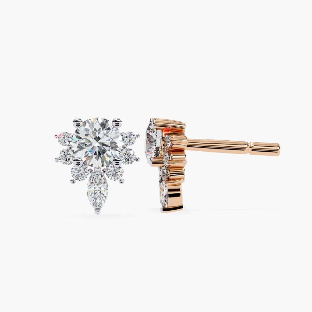 0.65 Ctw Diamond Snowflake Floral Stud Earrings 14K Gold For Sale 7