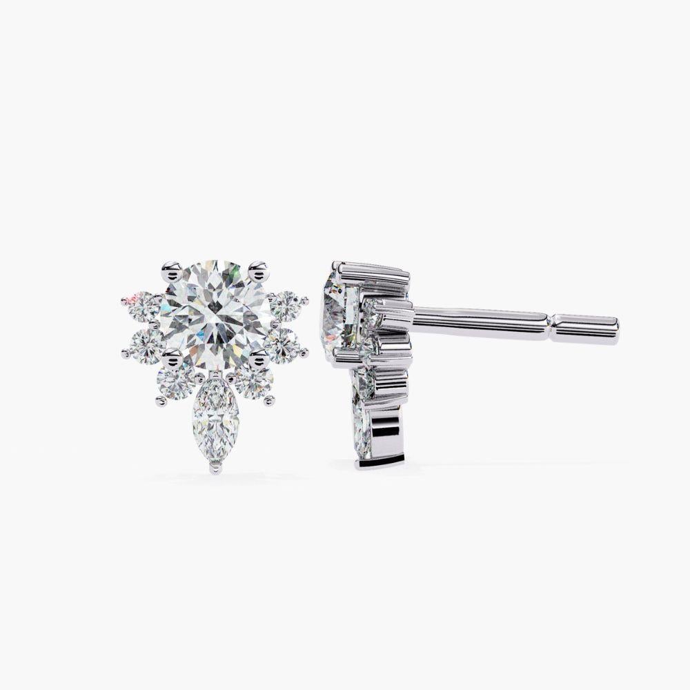 Marquise Cut 0.65 Ctw Diamond Snowflake Floral Stud Earrings 14K Gold For Sale