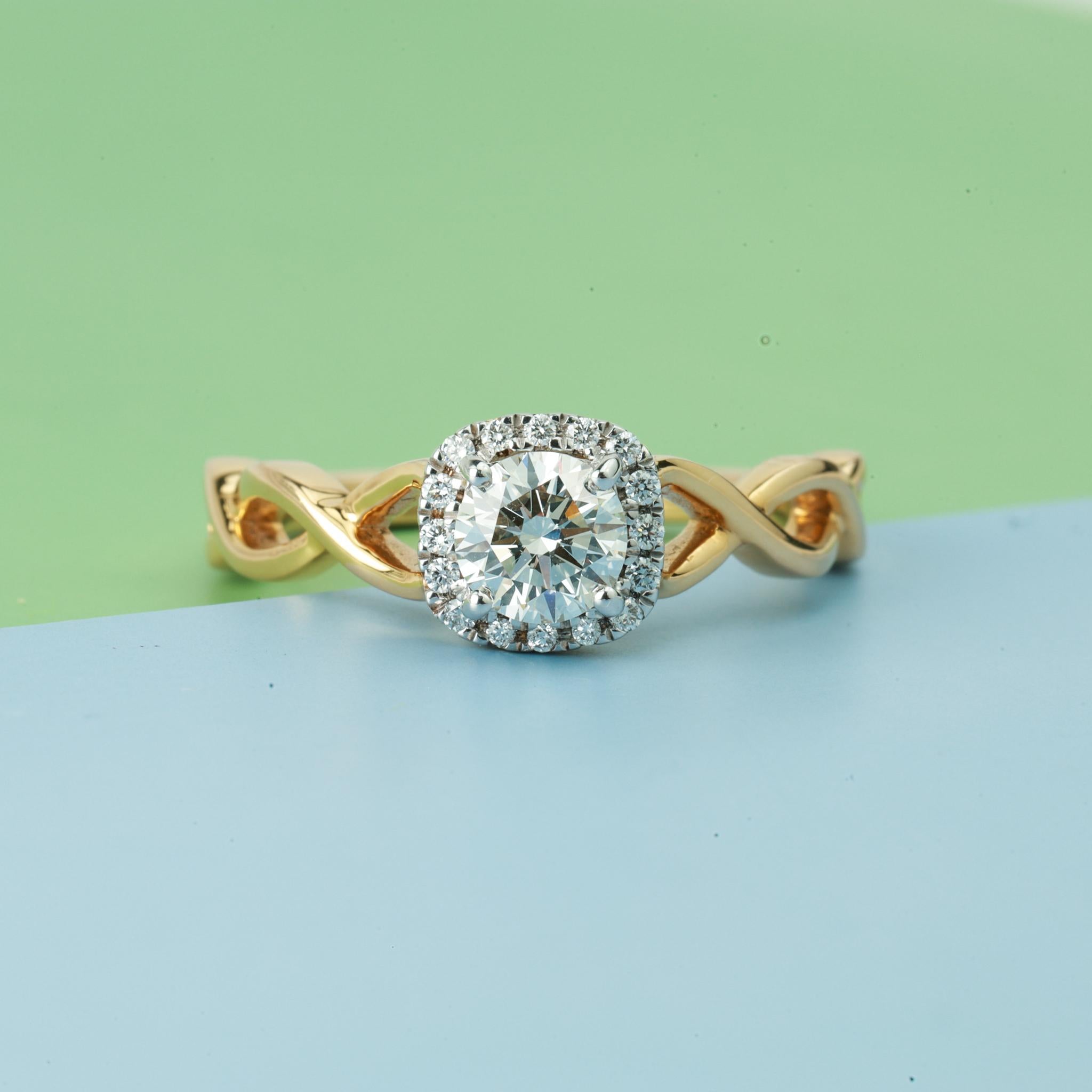 Princess Cut 0.66ct GIA Round-Cut Diamond Halo Crossover Engagement Ring in 18K White Gold For Sale