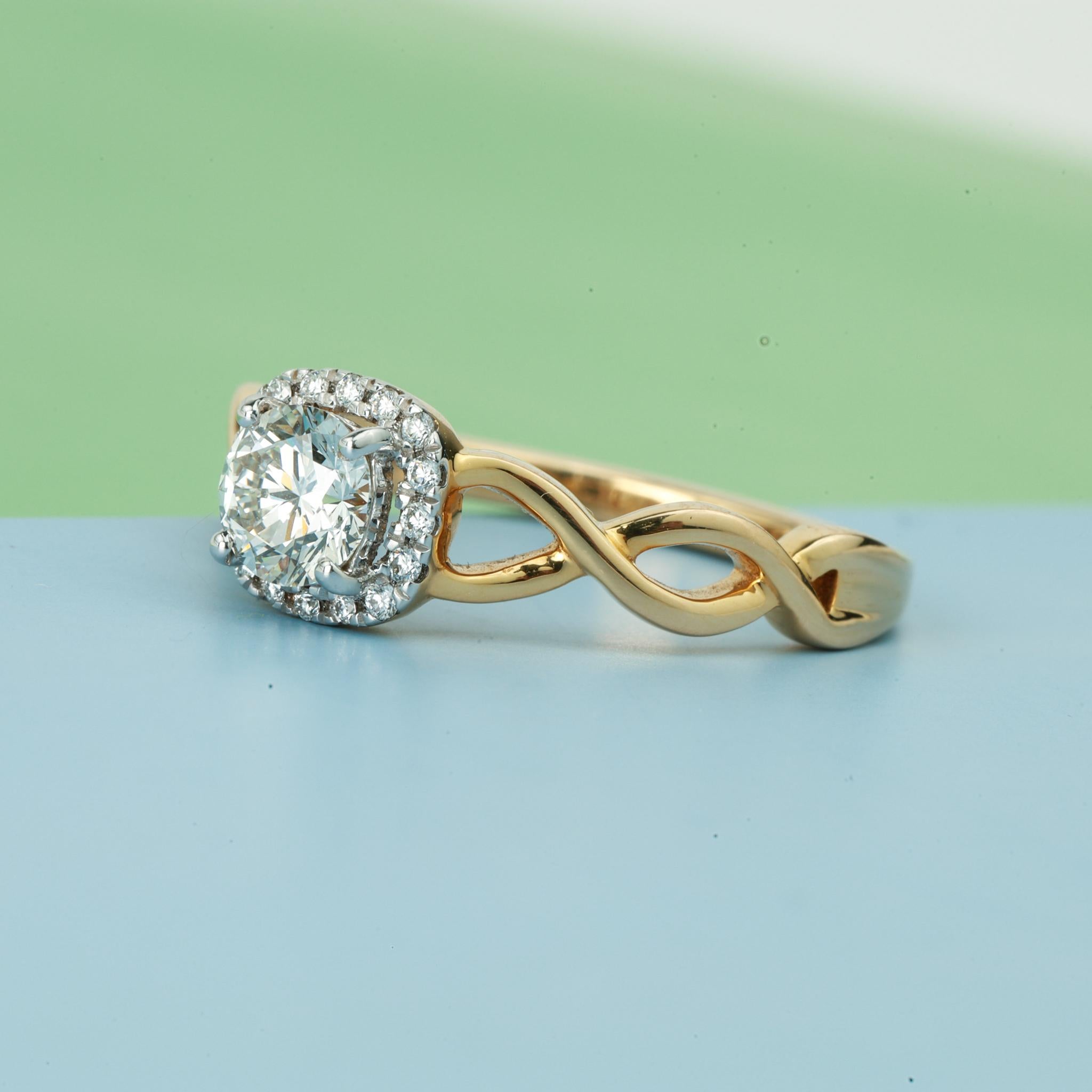 GIA Report Certified 0.65 G VS Round Cut Diamond Halo Crossover Engagement Ring In New Condition For Sale In Jaipur, RJ
