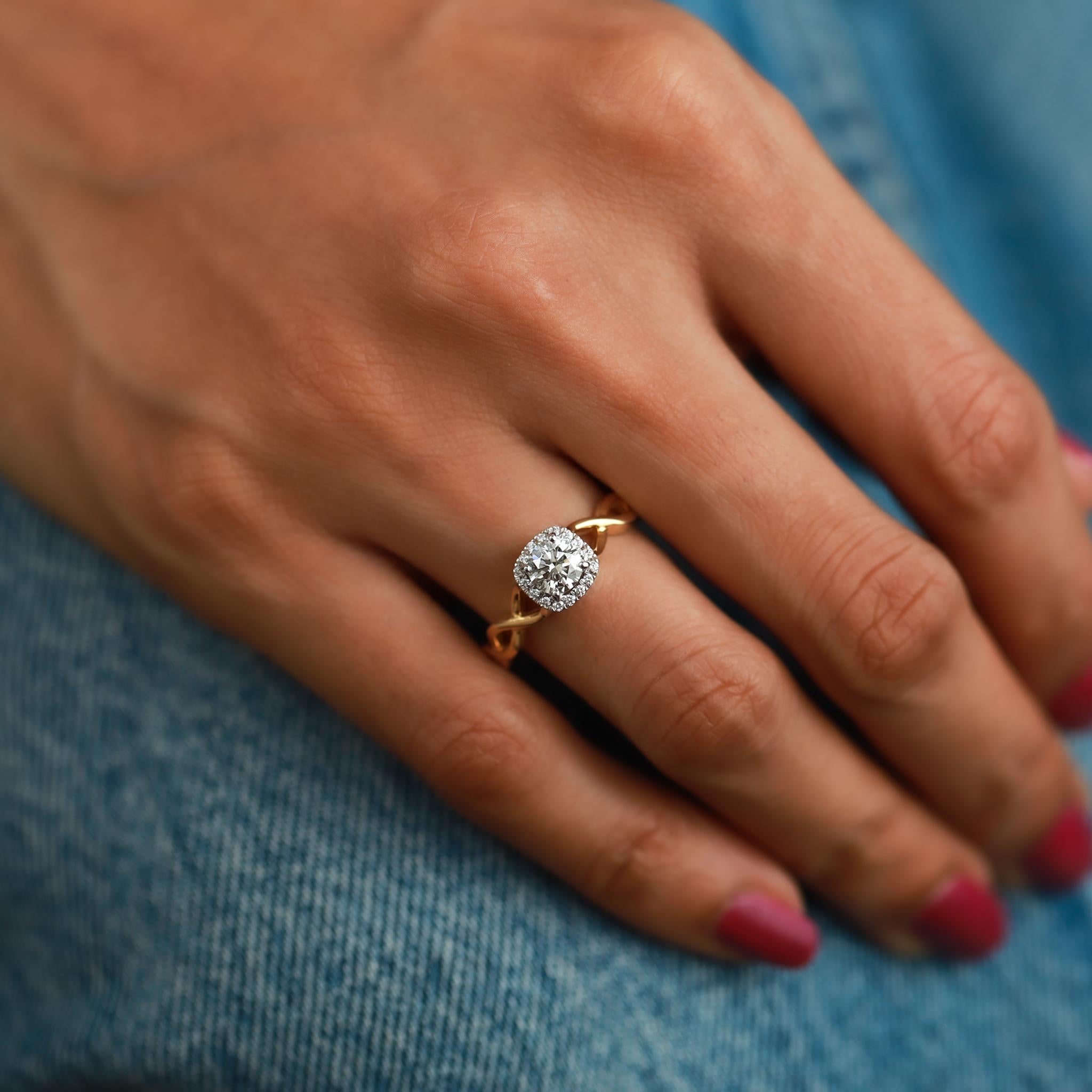 0.66ct GIA Round-Cut Diamond Halo Crossover Engagement Ring in 18K White Gold For Sale 2