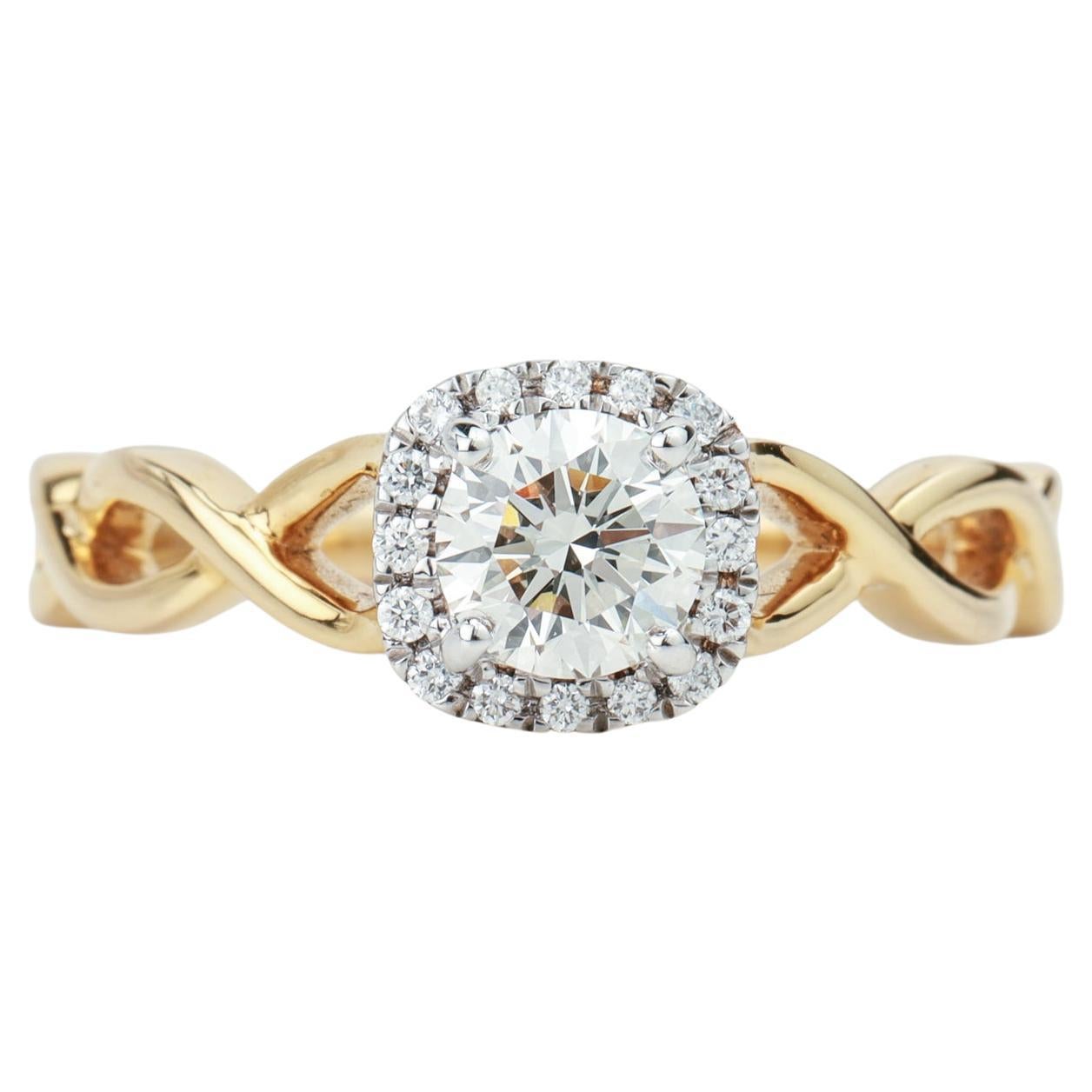 GIA Report Certified 0.65 G VS Round Cut Diamond Halo Crossover Engagement Ring For Sale