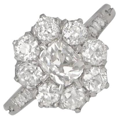 0.65ct Antique Cushion Cut Diamond Cluster Engagement Ring, I Color, Platinum For Sale