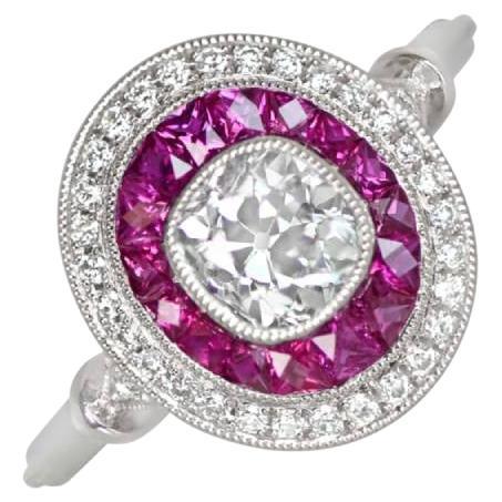 0.65ct Antique Cushion Cut Diamond Engagement Ring, Diamond &Ruby Halo, Platinum