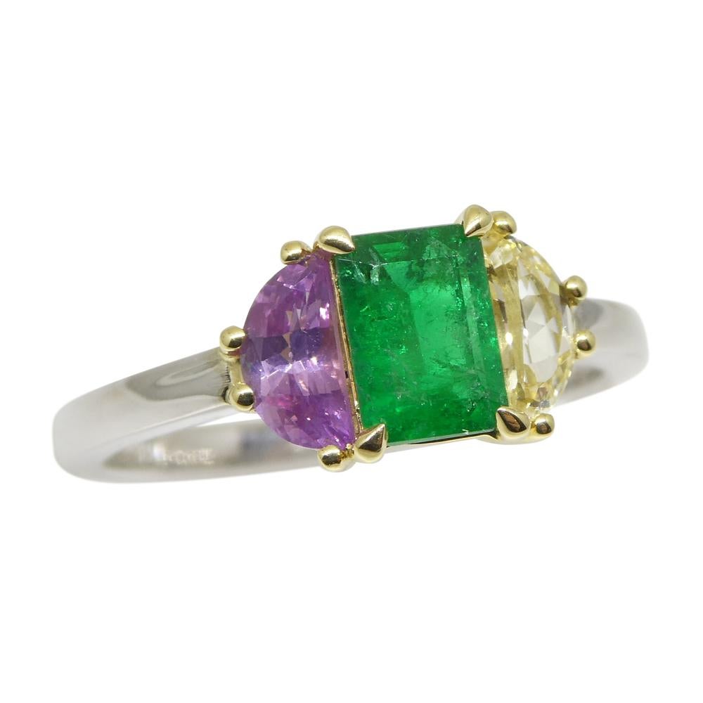 Emerald Cut 0.65ct Colombian Emerald & Sapphire Ring Set in 18k White and Yellow Gold For Sale